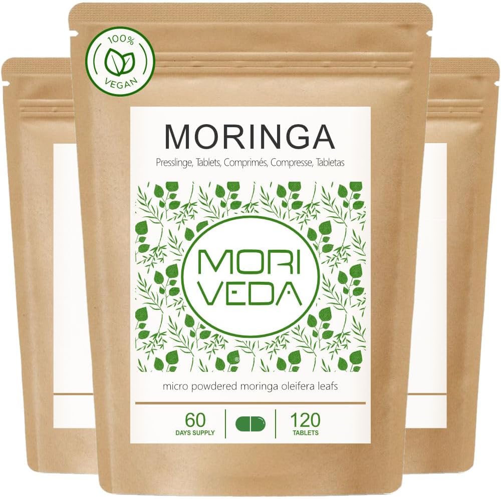 Moringa Energy Tabletten 3800mg - 180 Tage Vorrat - Moringa hochdosiert, mit Vitaminen, Proteinen & Aminosäuren in Ayurveda Spitzen-Qualität - Vegan & Glutenfrei - von MoriVeda - 360 Presslinge