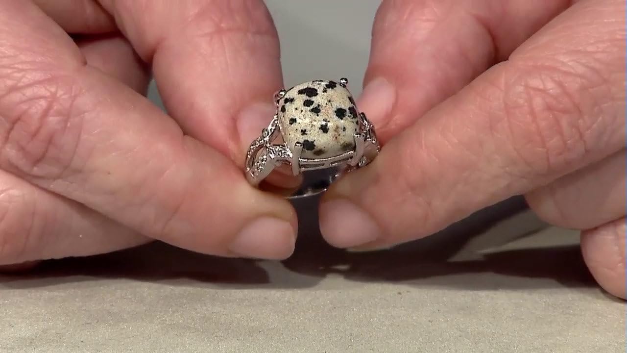 Cavill Dalmatiner-Jaspis Ring 8,06 ct mit 16 weißen Topasen 0,102 ct in 925er Sterlingsilber antiker Kissen-Cabochon-Schliff eleganter Schmuck USA Brasilien