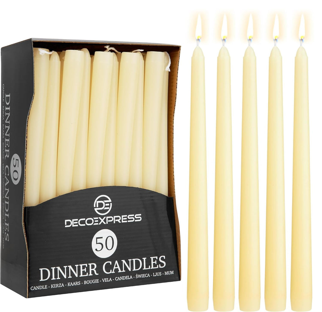 DECO EXPRESS Taper Candles Set of 6, 10, 15 or 50, Long Burning Time up to 8 Hours, Odourless (Purple, Set of 15)