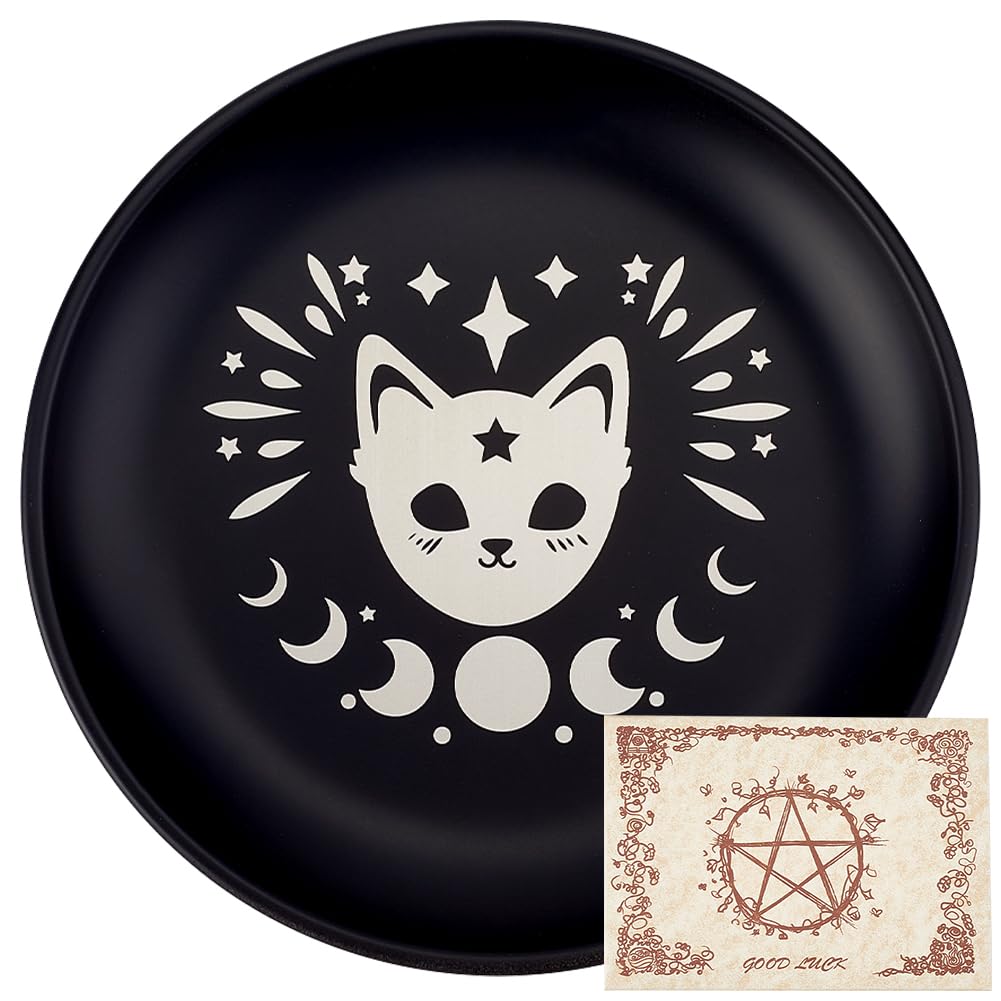 CREATCABIN Phase Moon Star Opferschale Altar Ritualplatte Edelstahl Flache Schale Rundes Tablett Gebetsschale Kerzenhalter Mit Karte Schwarze Schmuckschale Zum Räuchern Räuchergefäß Dekoration 14cm