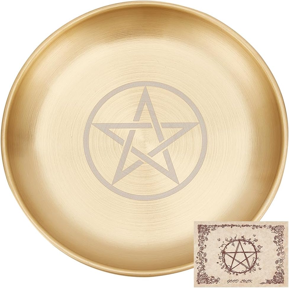 CREATCABIN Pentagramm Altarplatte Stern Tarotplatte Rituelles Brennen Kerzenhalter Teller Schalen Opfergaben Weihrauchbrenner Flache Schale Mit Altarkarte Tarotzubehör Für Hexerei Wicca Golden 14x14cm