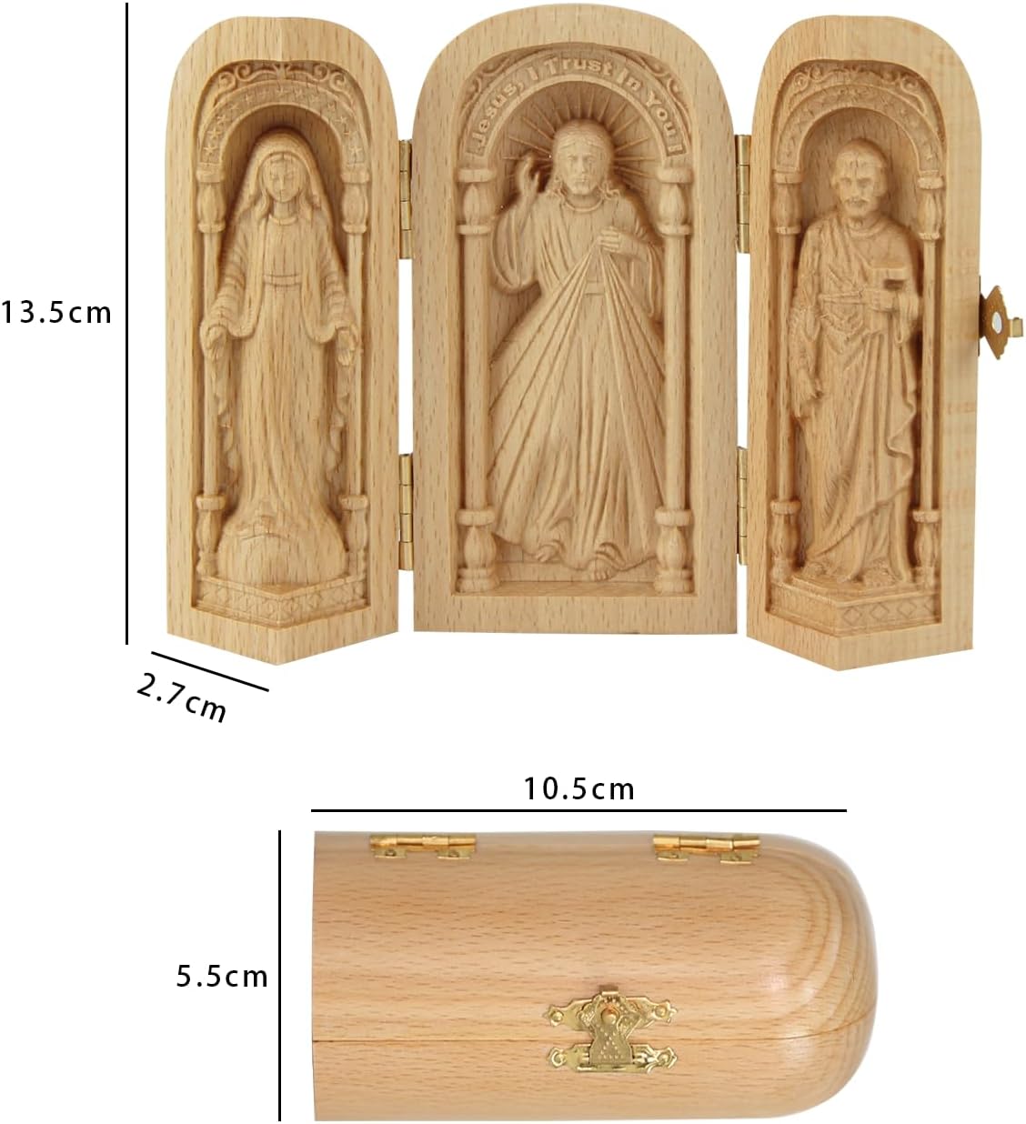 Small Travel Altar Wooden Portable Church Jesus Mother of God and Joseph Triptych Statue Religious Gifts