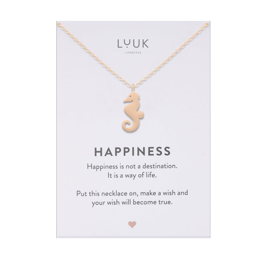 LUUK LIFESTYLE Filigrane Halsketten mit Anhänger und Karte mit HAPPINESS Spruch, zeitloses Design und moderne Motive, in Silber, Gold und Rosegold