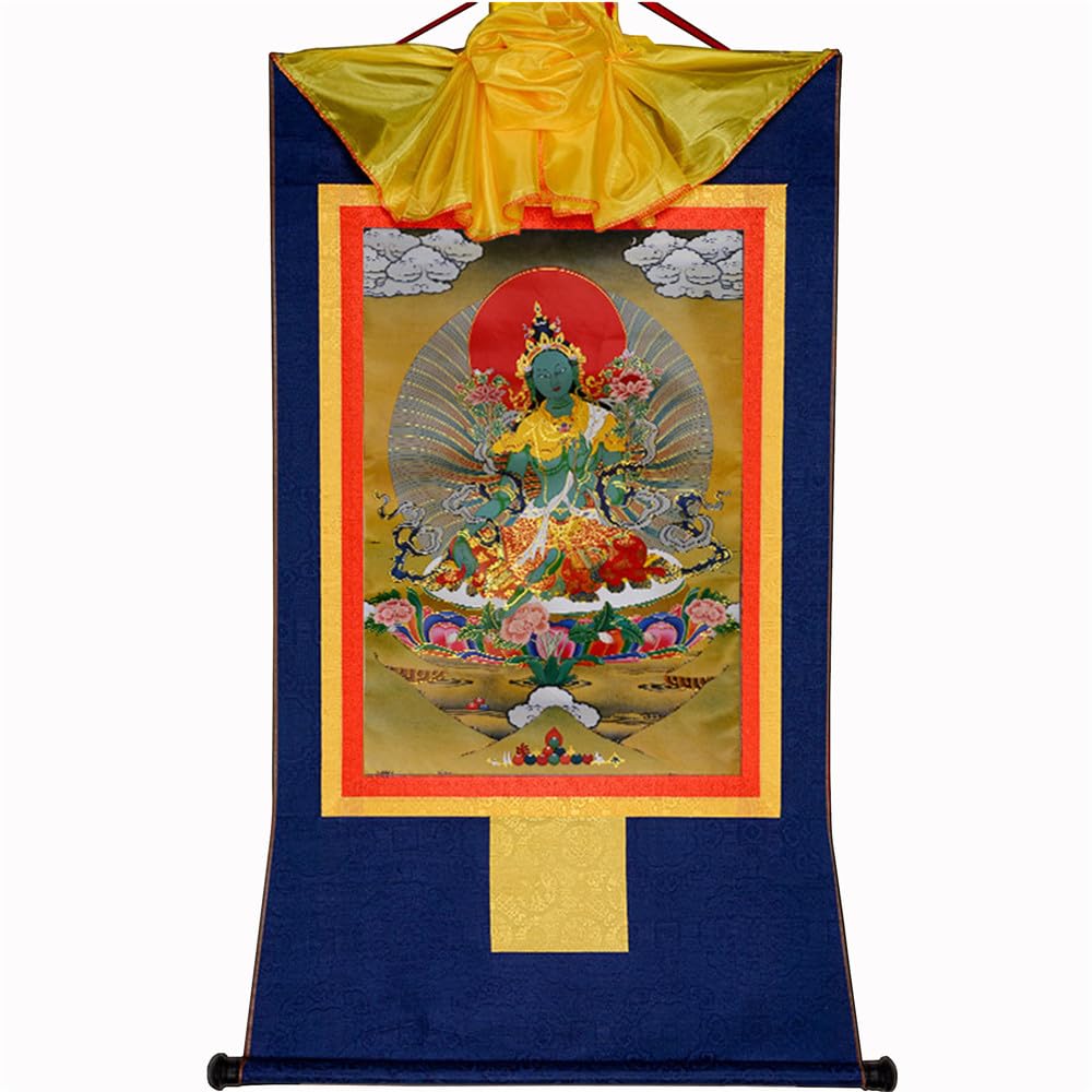 Gandhanra Green Tara Thangka Tibetan Thangka Art - Hot Stamped Buddha Tapestry for Zen Home Decor, Meditation, Spiritual Relaxation, and Peace