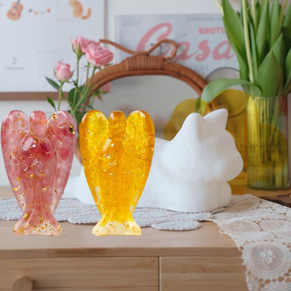 Erliway 7.8cm Large Deep Citrine Crystal Guardian Angel Figures, Natural Healing Crystal Chips Resin Angel Statue for Peace Meditation Easter Home Decor Gifts