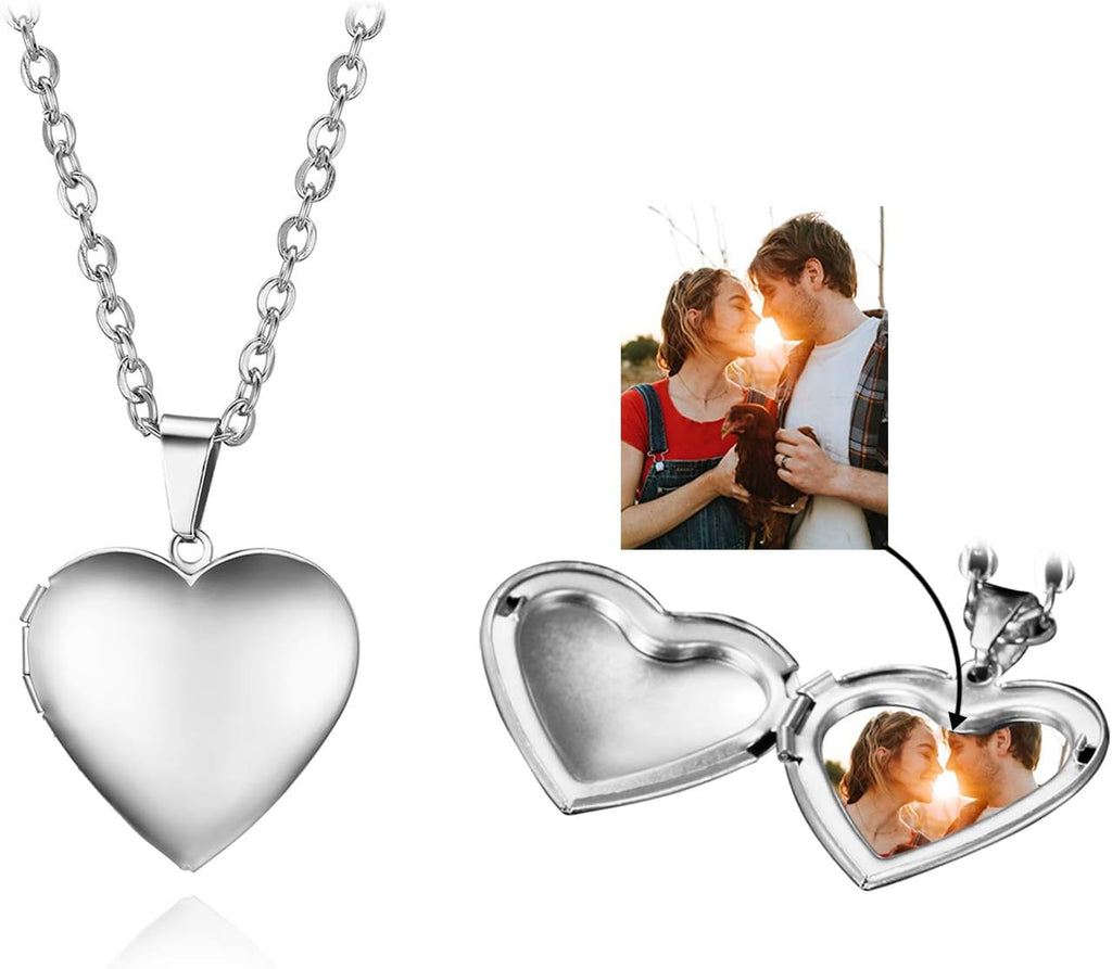 Cupimatch Heart Locket for Opening: Chain with Heart Necklace Pictures Photo Pendant Women's Amulet Necklace Stainless Steel Hinged with 45 cm Chain