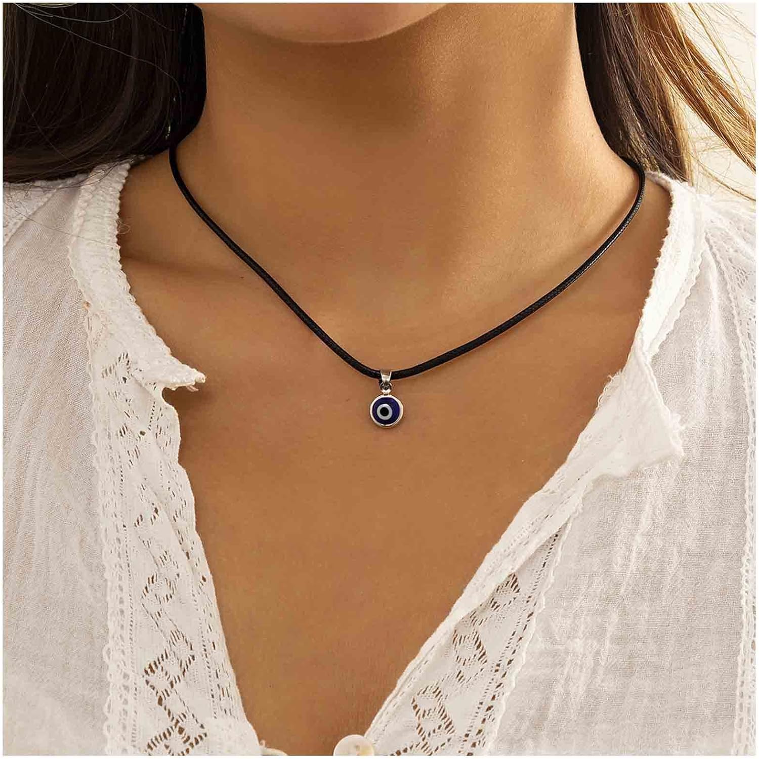 Yheakne Boho Leder Auge Choker Halskette Schwarzes Leder Halskette Blau Böse Auge Anhänger Halskette Glücksauge Halskette Kettenschmuck Für Frauen Und Mädchen Schutz Amulett Geschenke