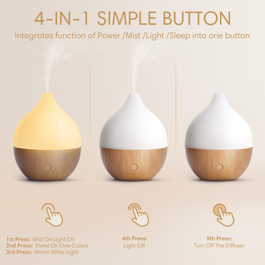 SALKING Aroma Diffuser, 100 ml Small Ultrasonic Aromatherapy Diffuser for Essential Oils, with Automatic Shut-Off Function, Warm White Light, White Wood Grain Diffuser for Home, Office or Yoga