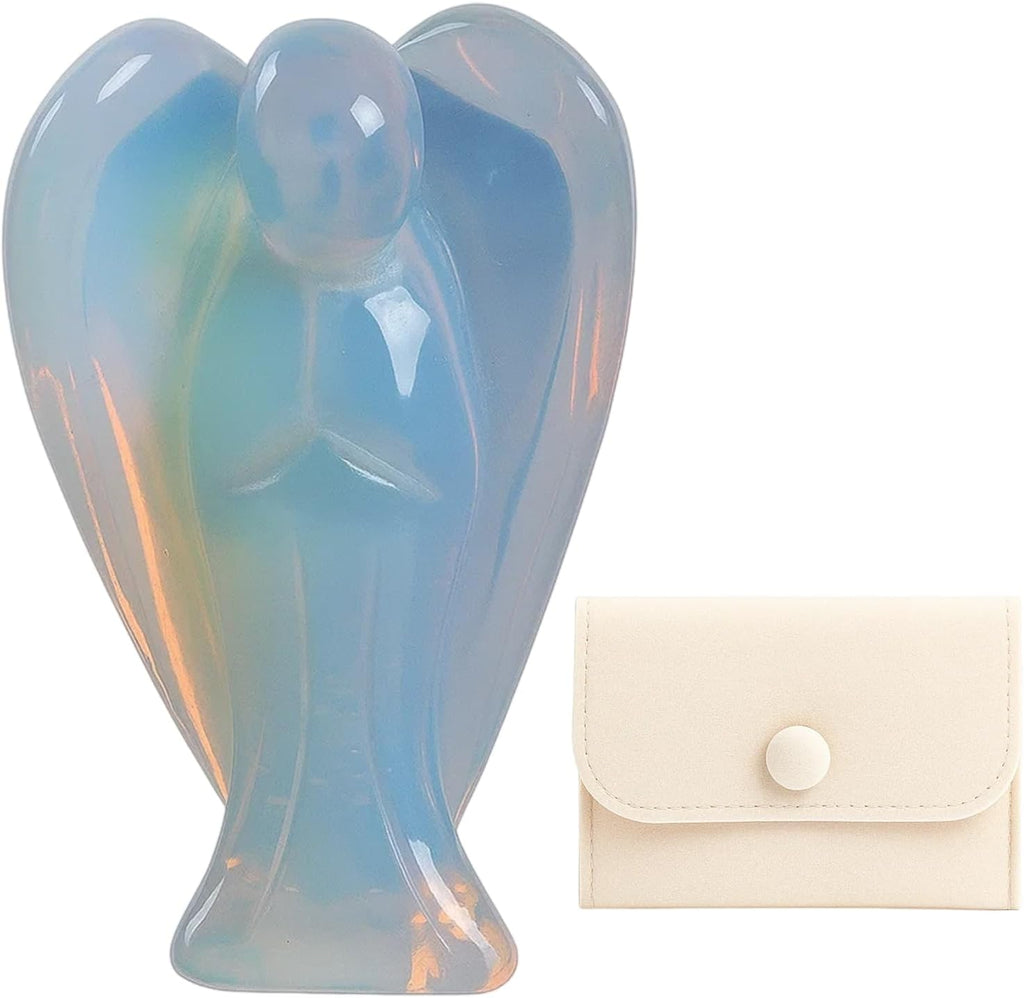Engel mit Geschenkbeutel - Opal Stein Handgeschnitzter Engelfigur - Eiskalte Engel als Glücksbringer Stein - Schutzengel Energie und Positive Schwingungen