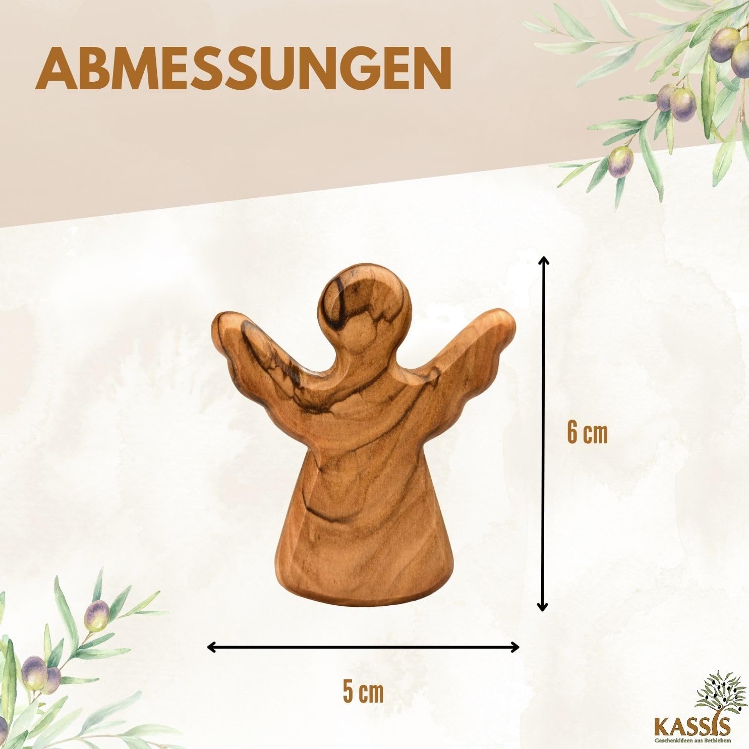 Kassis Geschenkartikel Olivenholz-Schutzengel - Handgefertigte Engel-Figur aus Bethlehem - Schutzengel-Glücksbringer - (ohne Gravur) - (1 Stück)