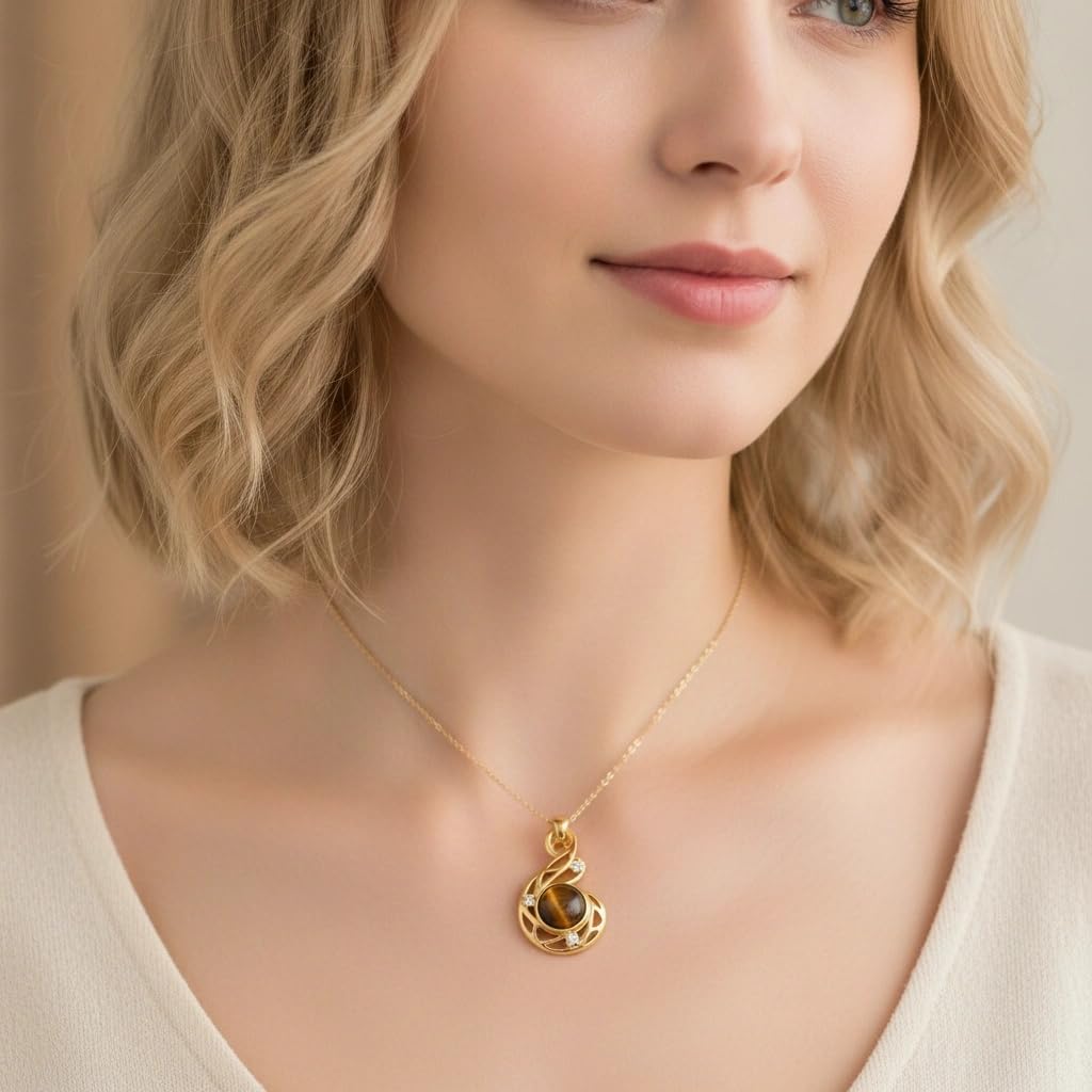 14k Gold Plated Tiger Eye Necklace for Women Genuine Diamond Pendant 925 Sterling Silver Tiger Eye Jewelry Gift for Mother Wife