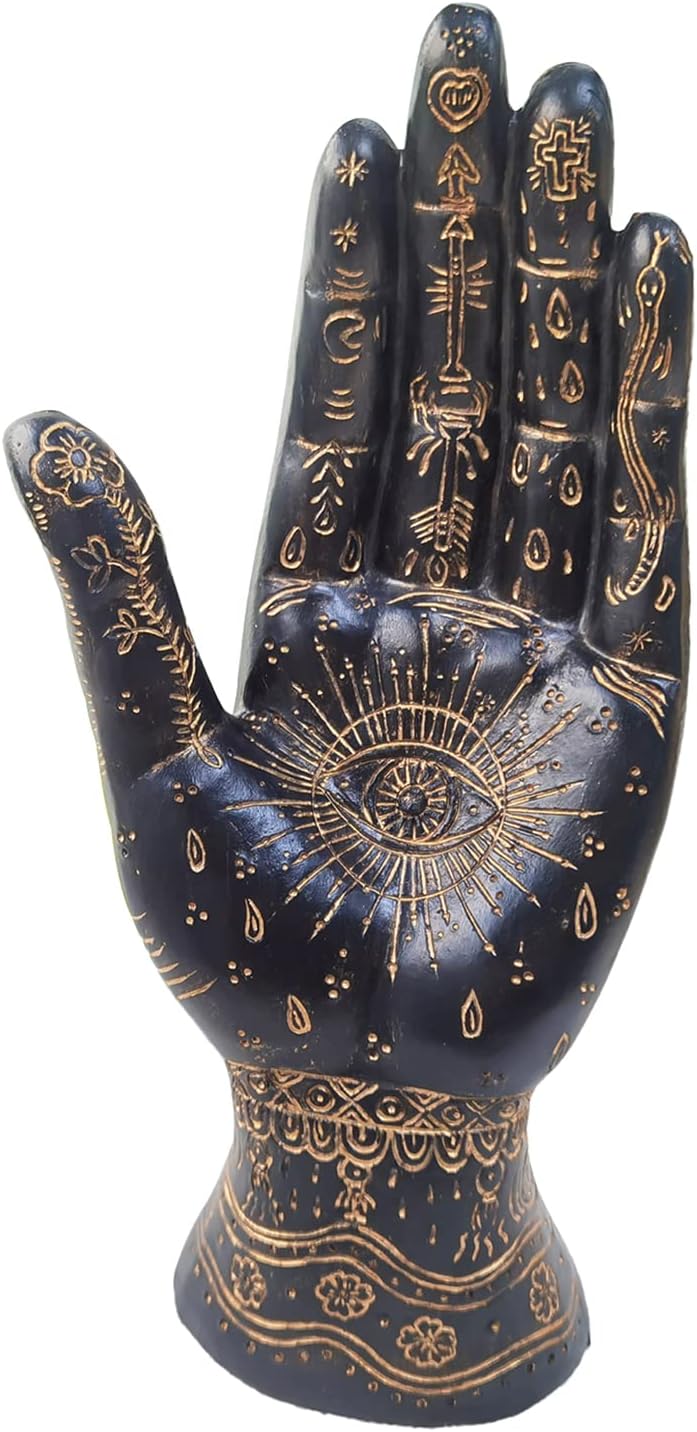Palmistry Hand Resin Statue Telling Palm Reading, Ancient Mystical Palm with Lines and Symbols Sculpture for Palm Readers（Black）