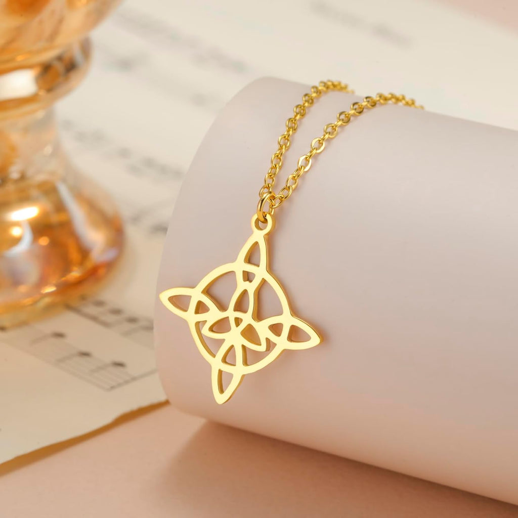 kkjoy Hexenknoten Halskette Edelstahl Keltischer Dreiecksknoten Wiccan Symbol Anhänger Halskette Magischer Knoten Hexerei Amulett für Frauen Charmante Damen