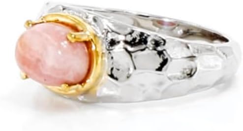 Cavill Silberring 925 platinierter Rhodochrosit 1,91 ct ovaler Cabochon aus Argentinien, moderner gehämmerter Look mit goldfarbenem Akzent, elegant roséfarben, 24x21 mm