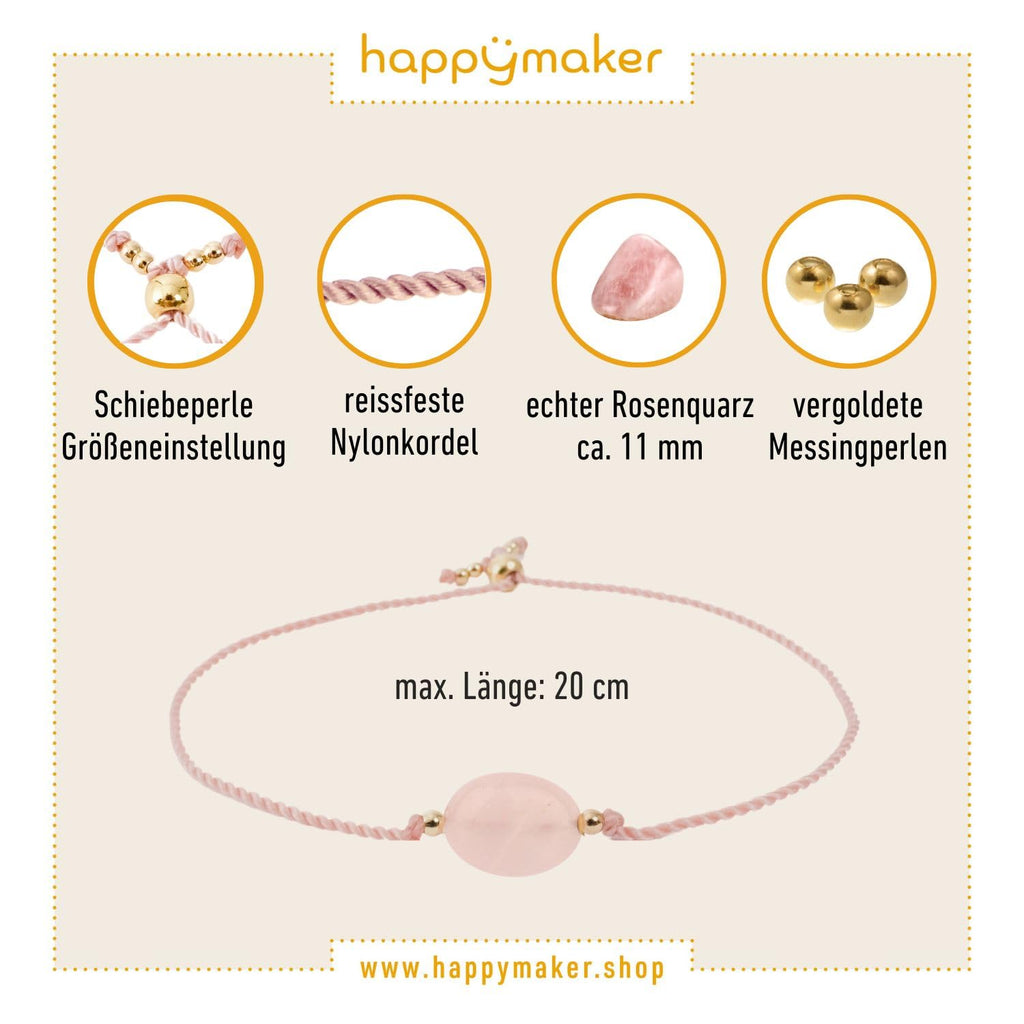 happymaker - Rosenquarz Armband Damen, handgemacht in Deutschland, Edelstein Armband rosa mit vergoldeten Perlen, Geschenkverpackung als Kraftgeber Geschenk für Frauen und Mädchen