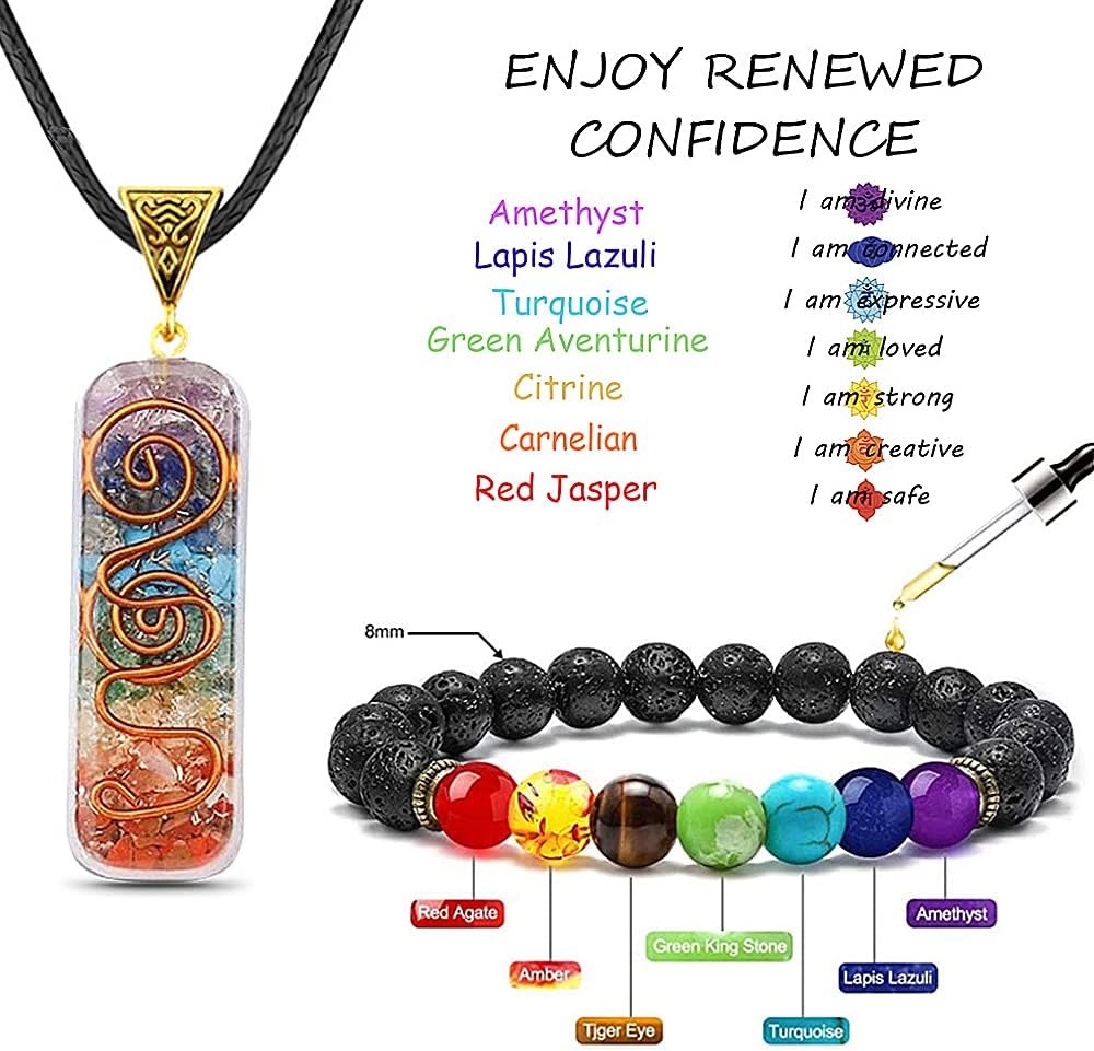 TOFBS Chakra Crystal Pendant Necklace & Bracelet Jewellery Set for Men and Women, Reiki Healing Stone Necklace Bracelet Lucky Charm for Healing Protection Positive Energy Yoga Balance Meditation