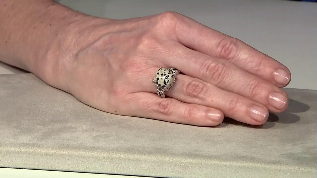 Cavill Dalmatiner-Jaspis Ring 8,06 ct mit 16 weißen Topasen 0,102 ct in 925er Sterlingsilber antiker Kissen-Cabochon-Schliff eleganter Schmuck USA Brasilien