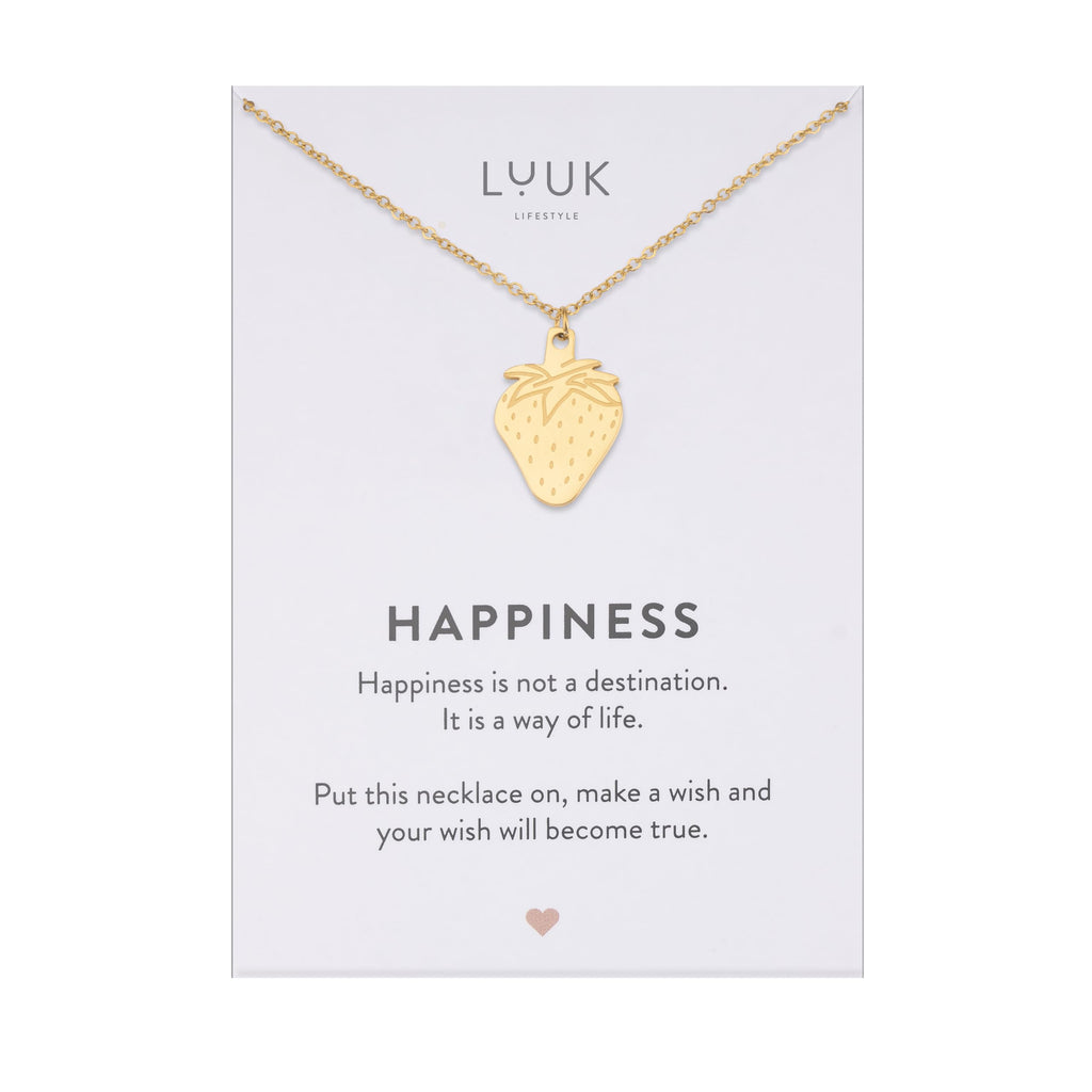 LUUK LIFESTYLE Filigrane Halsketten mit Anhänger und Karte mit HAPPINESS Spruch, zeitloses Design und moderne Motive, in Silber, Gold und Rosegold