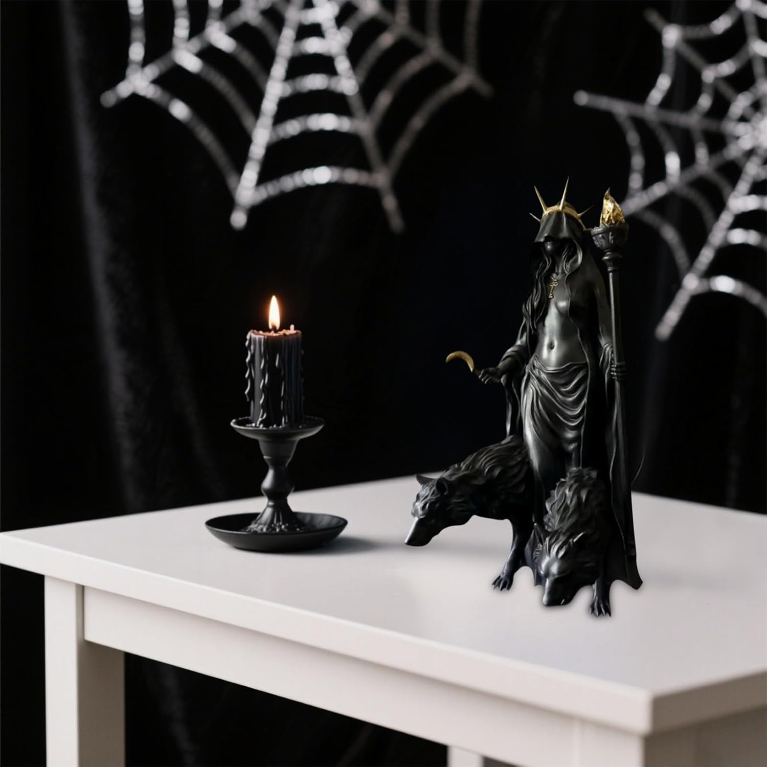 Generisch Hekate Niktipolos, the Witch of the Night, Underworld Hekate Phōsphoros Light Charm or Morning Star Statue, Hecate Greek Goddess with Her Dogs with Magic Resin Sculpture (#A)