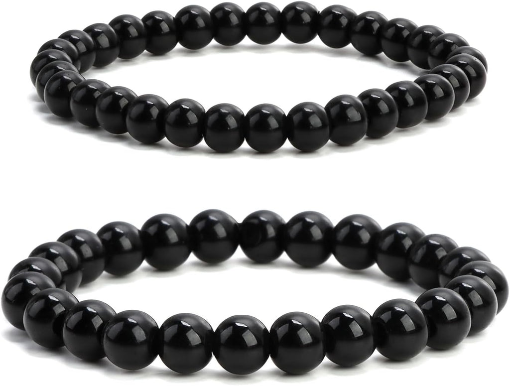 Pack of 2 Black Tourmaline Bracelets, MM Gemstone Bracelet, Natural Stone Bracelet, Large Stretchy Bracelet, Balls on Elastic Nylon Thread, Hand-Made, 18 centimetres, 100% brand