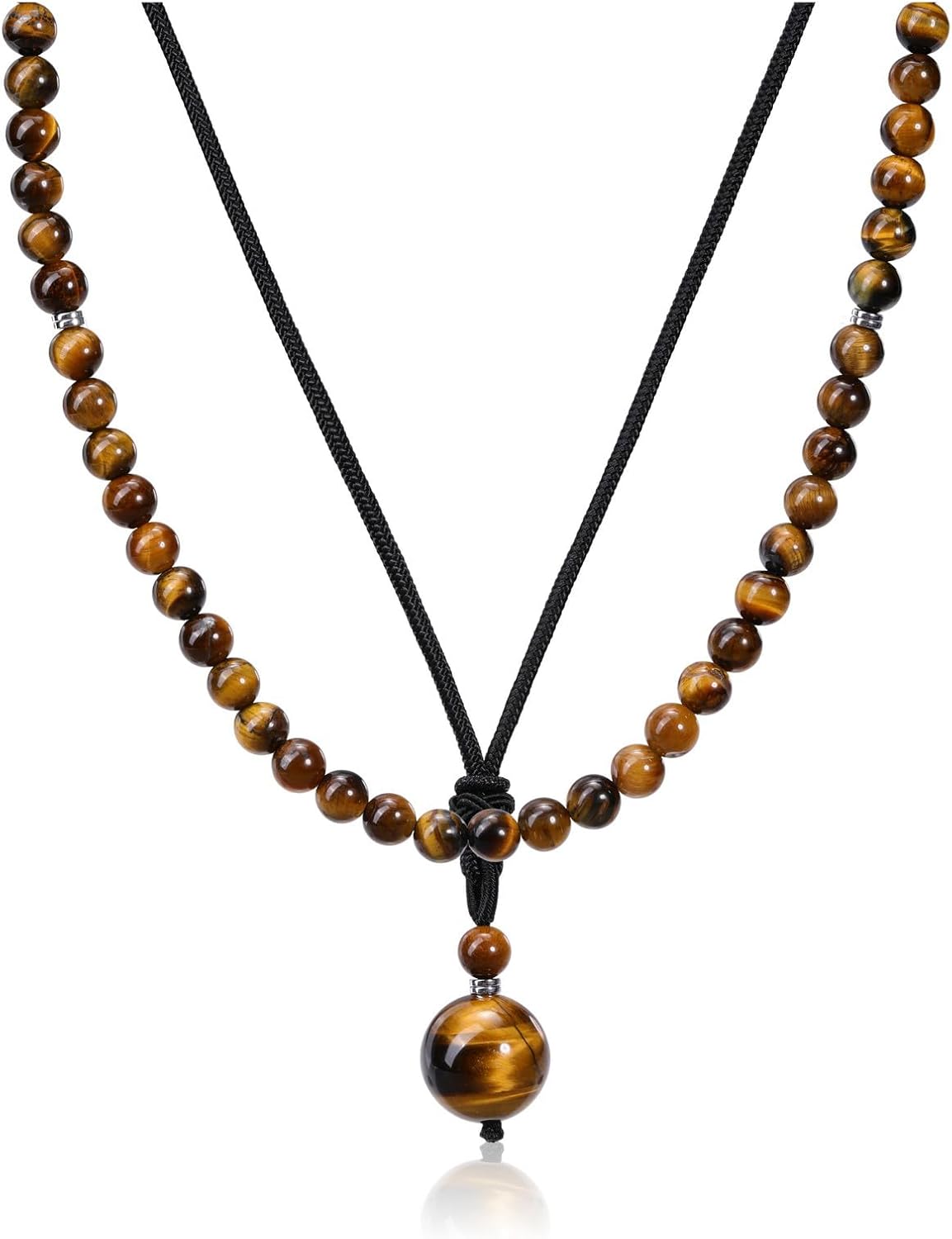 2pcs Men's Necklace Tiger's Eye Obsidian Beads Chains Black Braided Cord Chain with Ball Stones Pendant Crystal Chain Healing Stones Jewellery Spiritual Gift for Men Boys