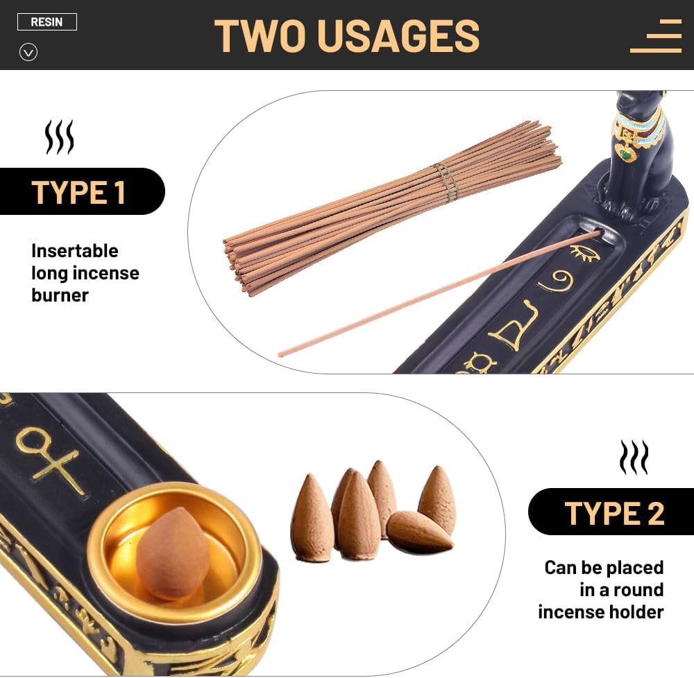 Ancient Egyptian Resin Incense Burner Ornament Tea House Home Decor Egyptian Cat God Statue Incense Burner Holder with Plate Base
