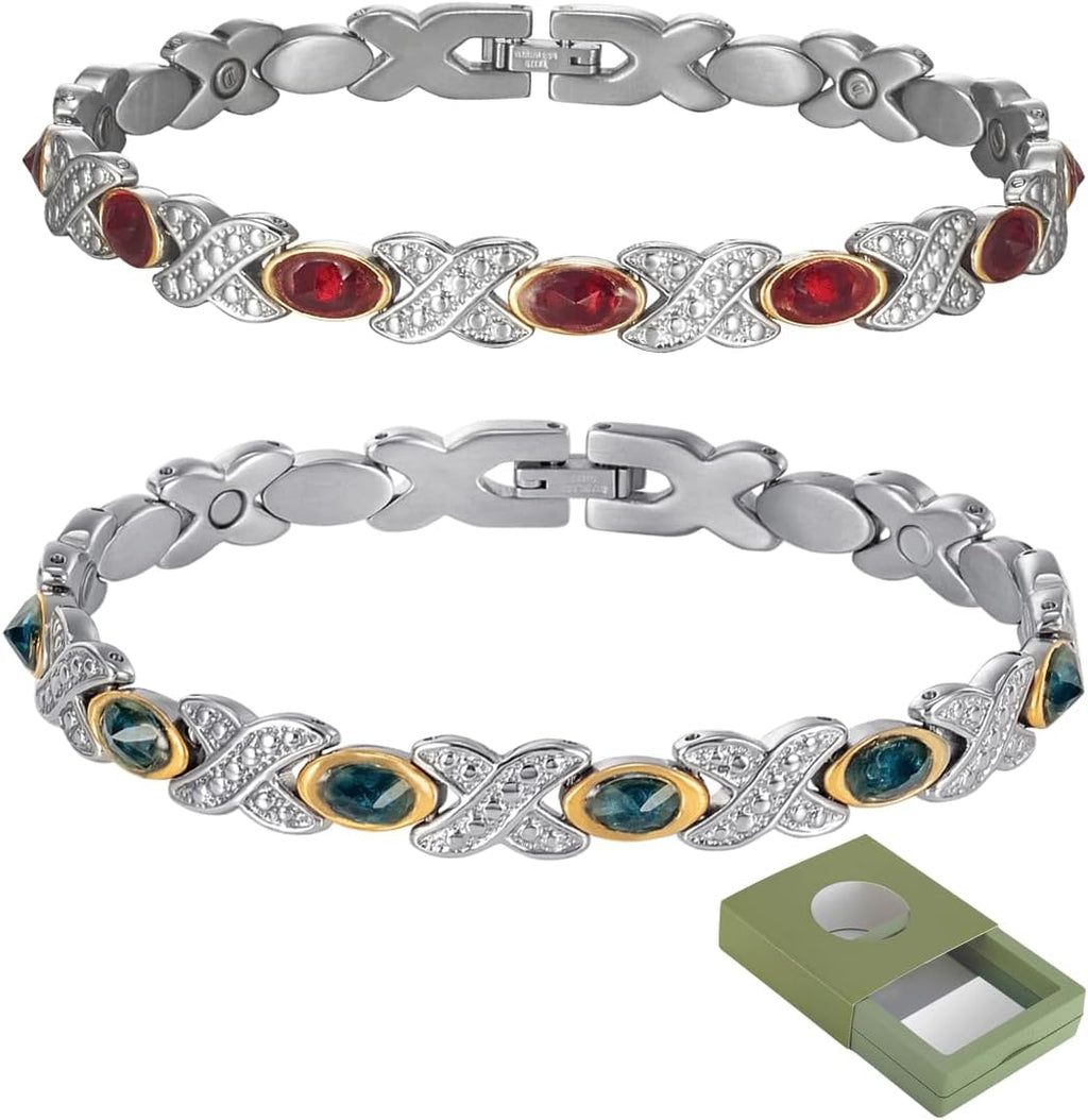 2er-Pack Magnetfeldtherapie-Arthritis-Armbänder für Frauen, Lymphdrainage-Magnettherapie-Armbänder, 10 Stück 3500 Gauss Edelstahl-Armbänder mit simulierten Edelsteinen