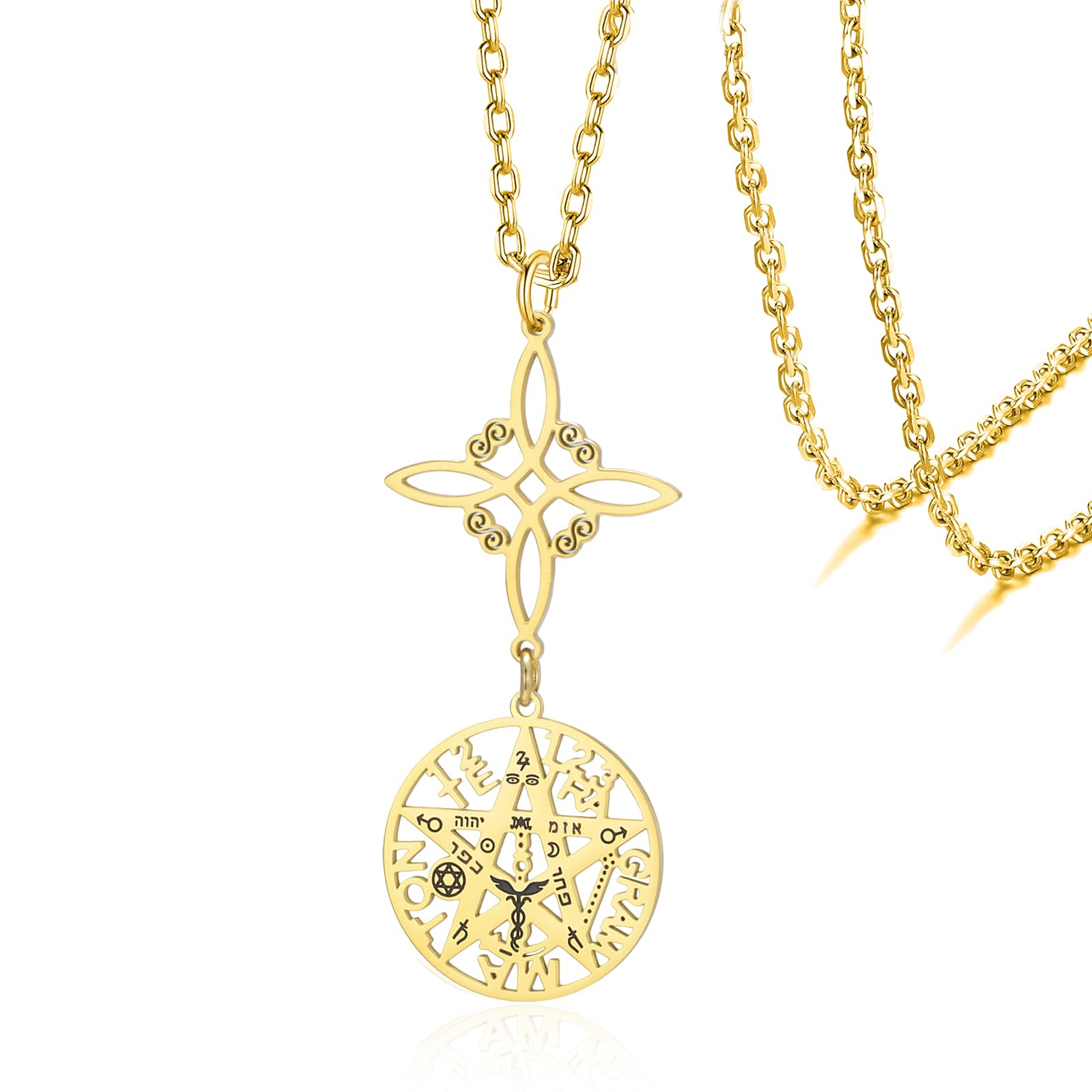 VASSAGO Witch Knot Tetragram Pentagram Necklaces Celtic Knot Pendant Double Protection Witchcraft Pagan Amulet Irish Jewellery for Women Men
