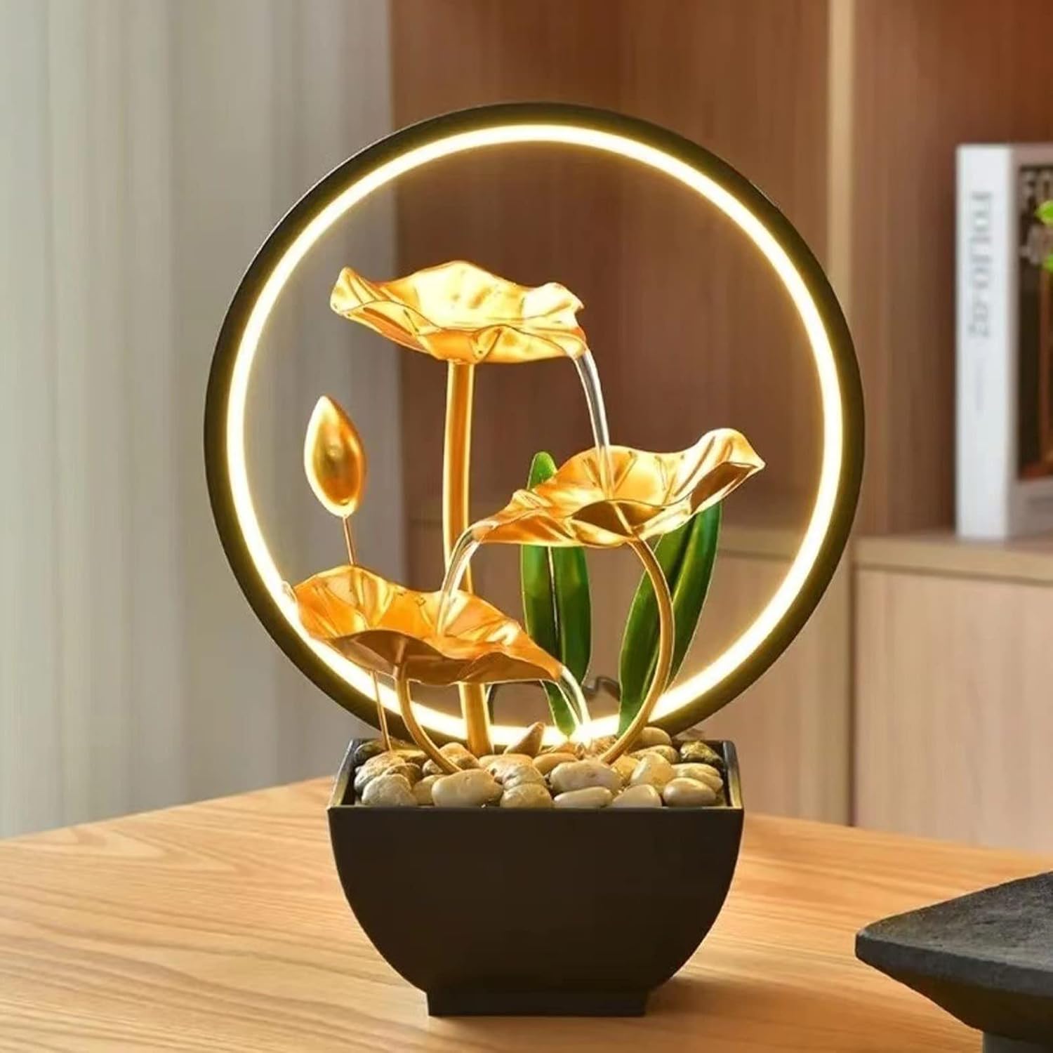 Tuzsocr Zimmerbrunnen LED, Tischbrunnen mit Beleuchtung Wasserfall, Moderne Zen Deko mit geräuschloser Pumpe, Entspannung Meditationsdekoration für Haus, Büro, Garten, Wohnzimmer, H 28 cm