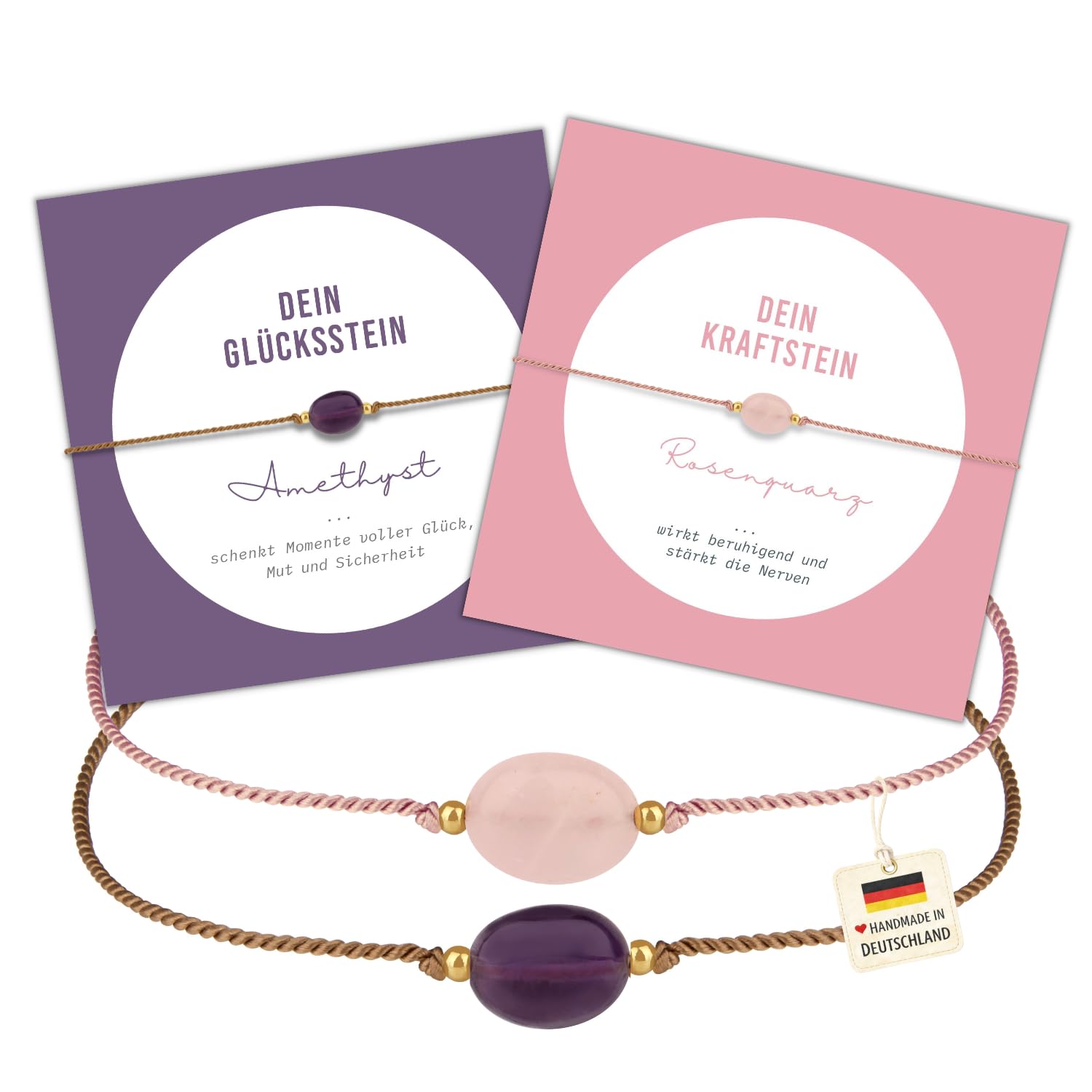 happymaker - Edelstein Armband Damen, handgefertigt in Deutschland mit Goldperlen, Geschenkkarte und Geschenkverpackung, Mutmacher Geschenk