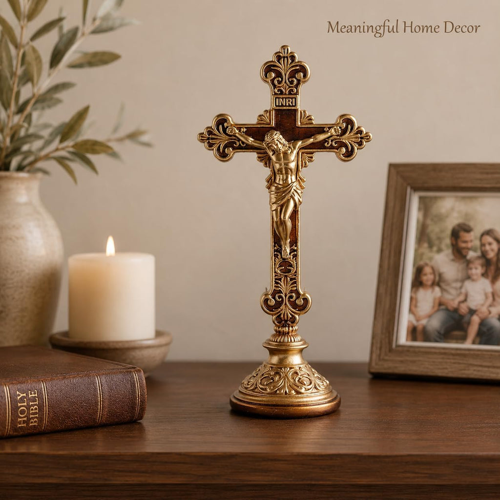 Jesus Christ Crucifix Statue with Base, 12 Inch Gold Resin Tabletop Cross, Elegant Religious Standing Crucifix Figurine for Home Altar, Catholic Spiritual Gift for Prayer, Meditation and Holiday Decor