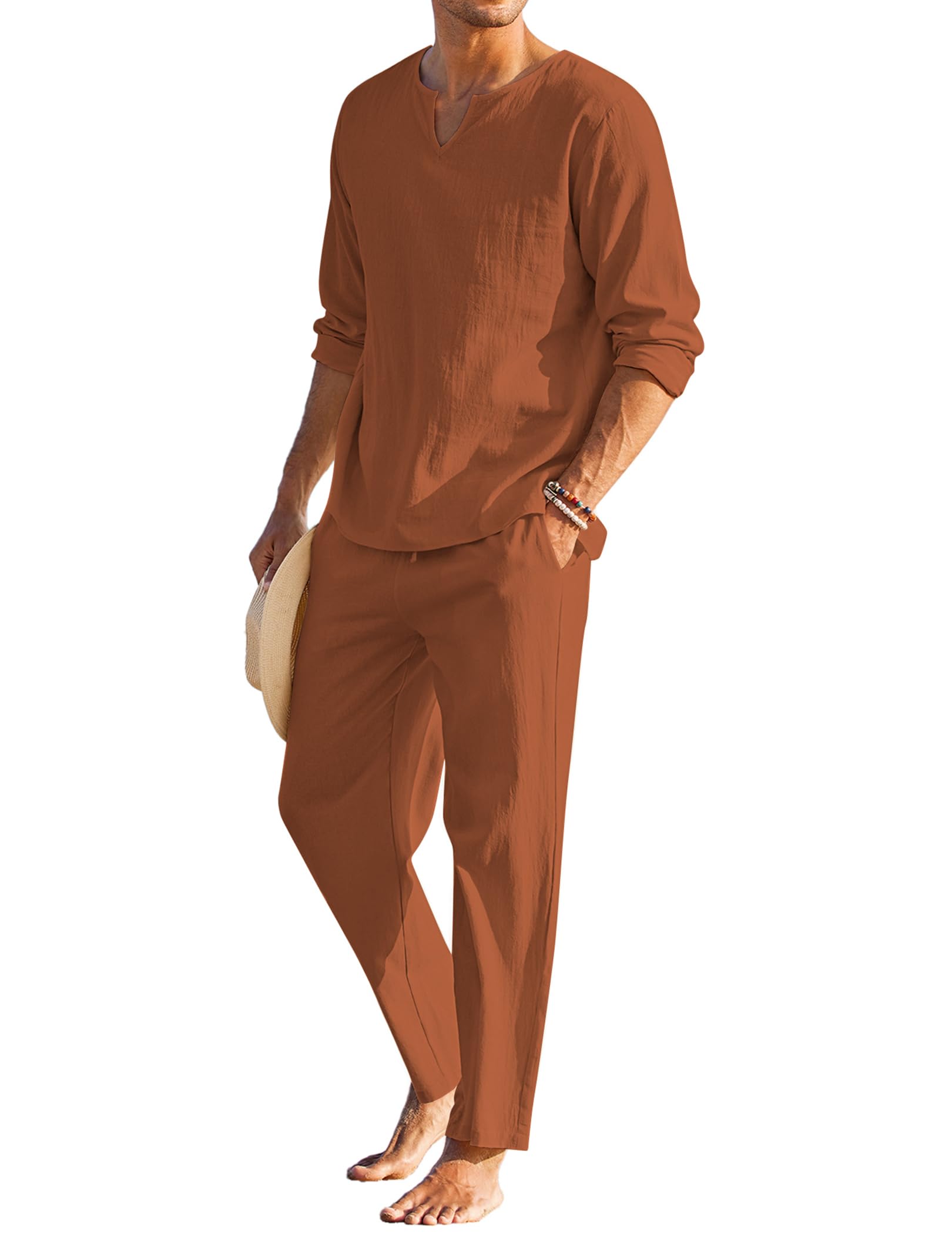 COOFANDY Men's 2 Pieces Cotton Linen Set Henley Shirt Long Sleeve and Casual Beach Pants Summer Yoga Outfits