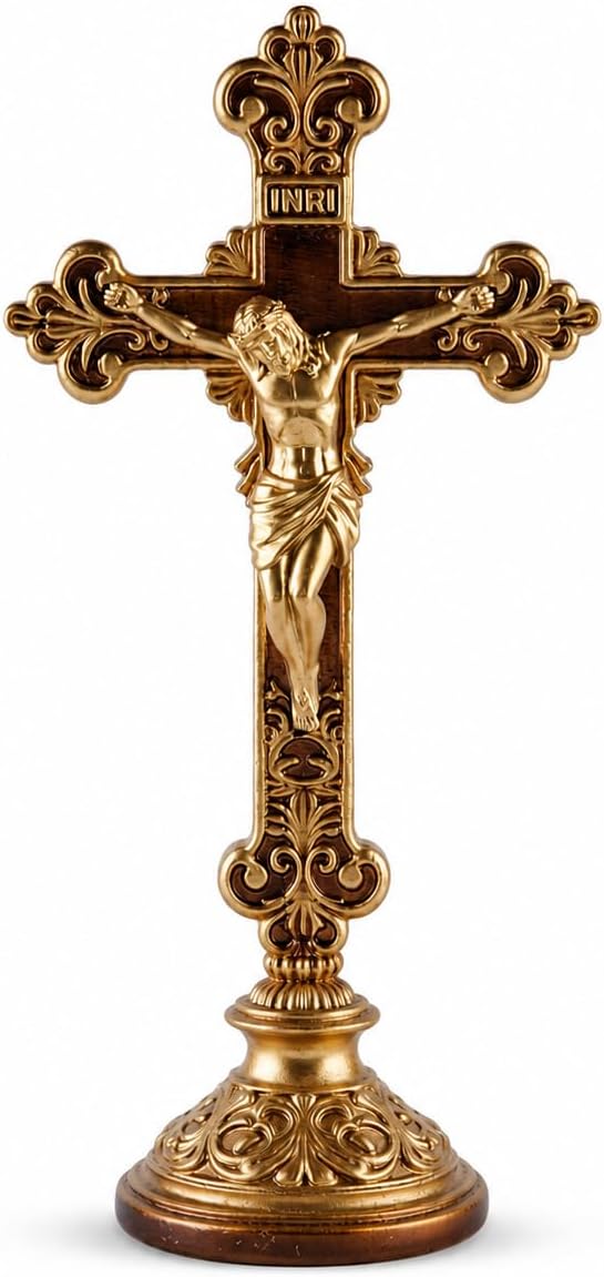 Jesus Christ Crucifix Statue with Base, 12 Inch Gold Resin Tabletop Cross, Elegant Religious Standing Crucifix Figurine for Home Altar, Catholic Spiritual Gift for Prayer, Meditation and Holiday Decor