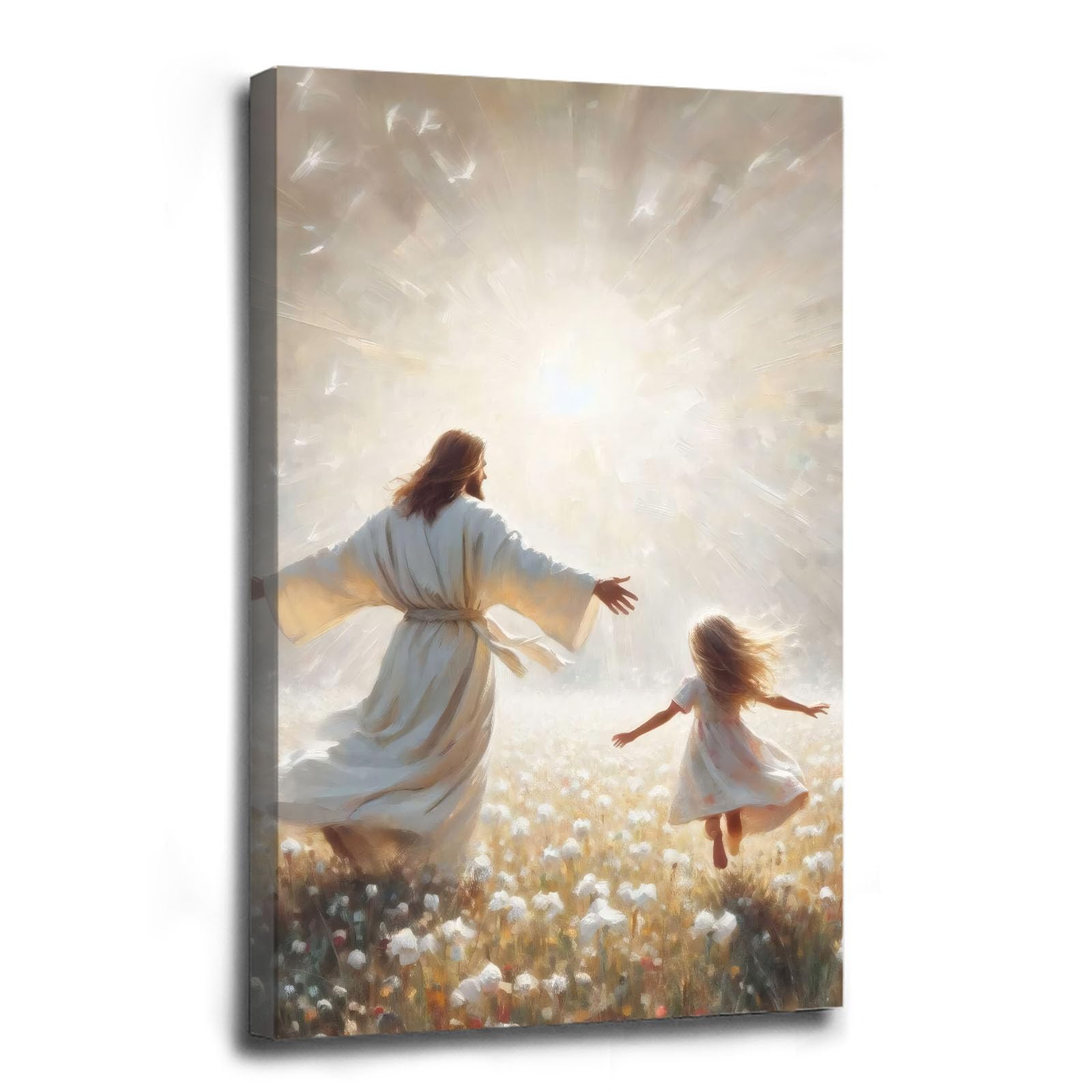 Jesus canvas painting spiritual artwork featuring a girl in a flowing white robe happily playing in a warm field of golden daisies. Adds a vibrant atmosphere to your home's sacred wall decor
