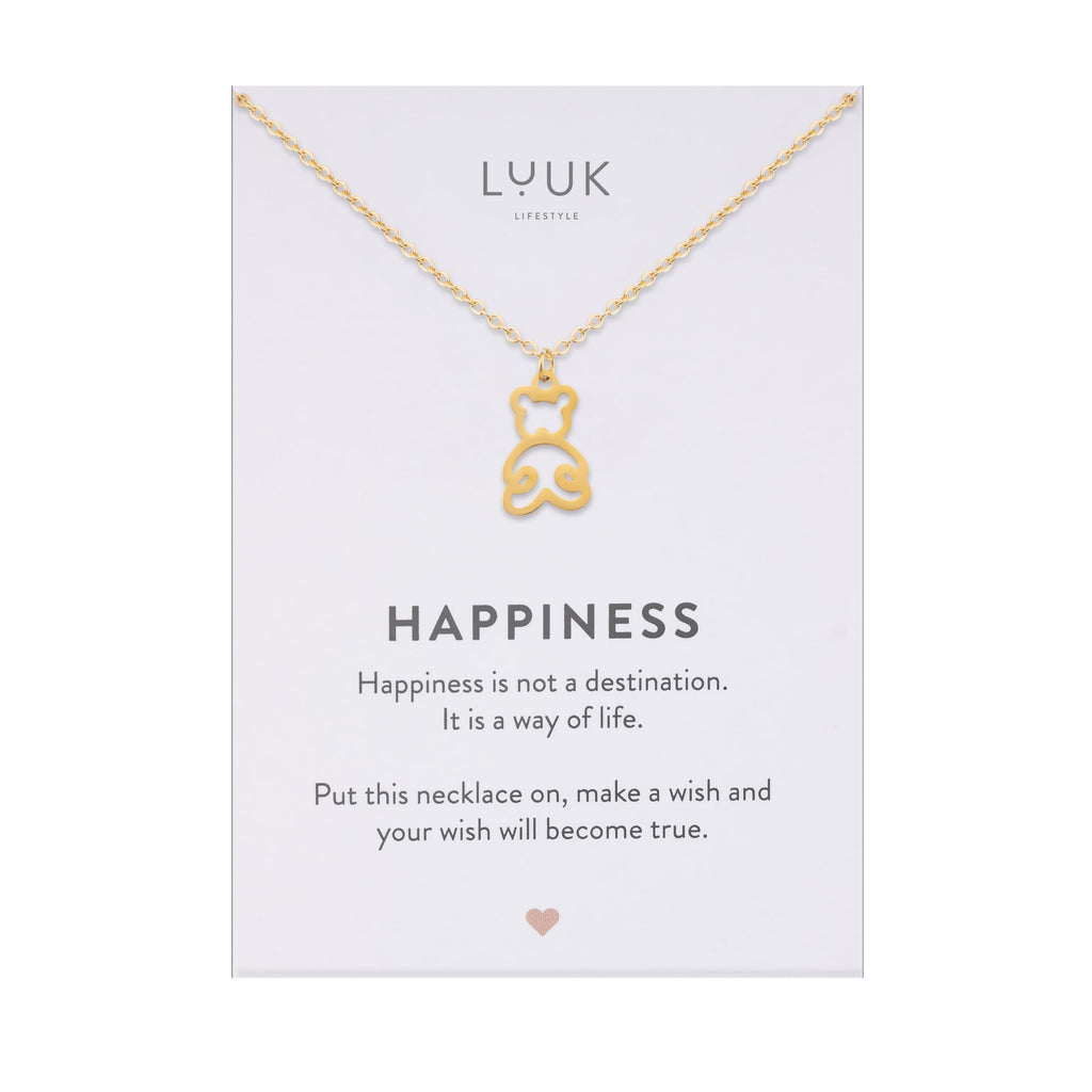 LUUK LIFESTYLE Filigrane Halsketten mit Anhänger und Karte mit HAPPINESS Spruch, zeitloses Design und moderne Motive, in Silber, Gold und Rosegold