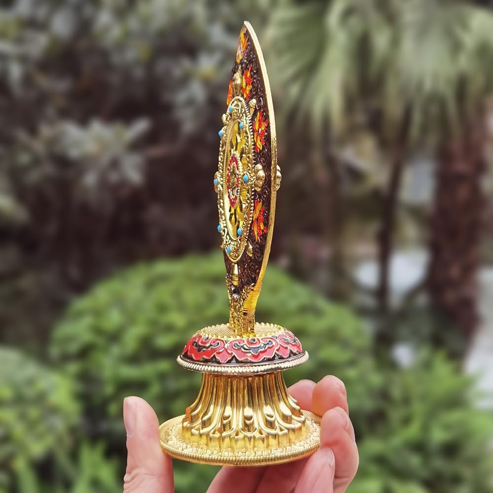 Peaceful Wheel of Dharma Statue - Gold Alloy Lotus Design for Zen Decor & Mindfulness, Spiritual Tabletop Art for Meditation, Yoga Studio & Home Office