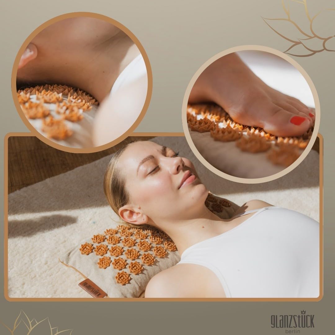 Glanzstück Berlin® Health Collection: XL Akupressurmatte Set ORIGINAL aus Leinen, Hilfe bei Verspannungen, Rückenschmerzen, Massagematte mit Kissen (Wärmefunktion) & Tasche, nachhaltig