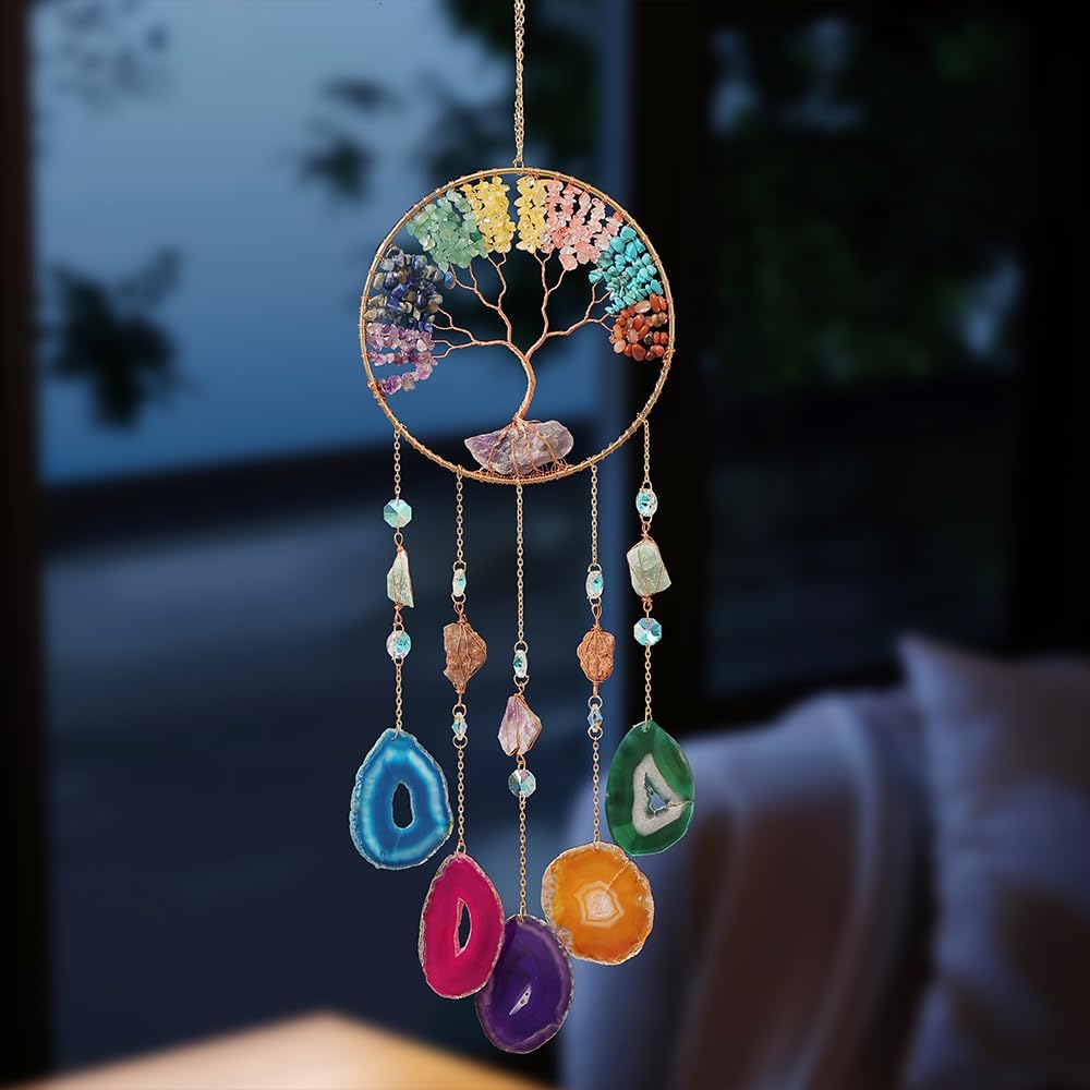 Moon Agate Dream Catcher Handmade Tree of Life Wall Decor with Stones