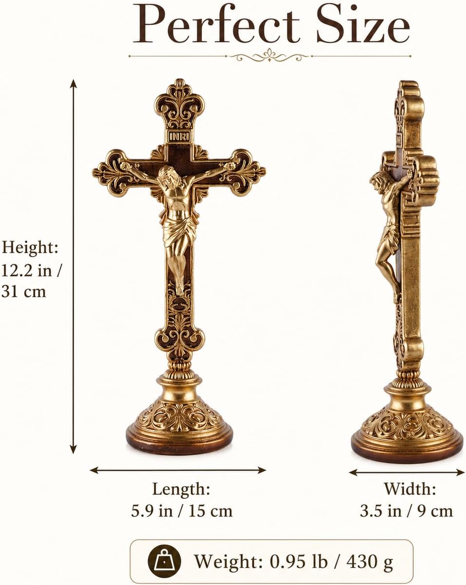 Jesus Christ Crucifix Statue with Base, 12 Inch Gold Resin Tabletop Cross, Elegant Religious Standing Crucifix Figurine for Home Altar, Catholic Spiritual Gift for Prayer, Meditation and Holiday Decor