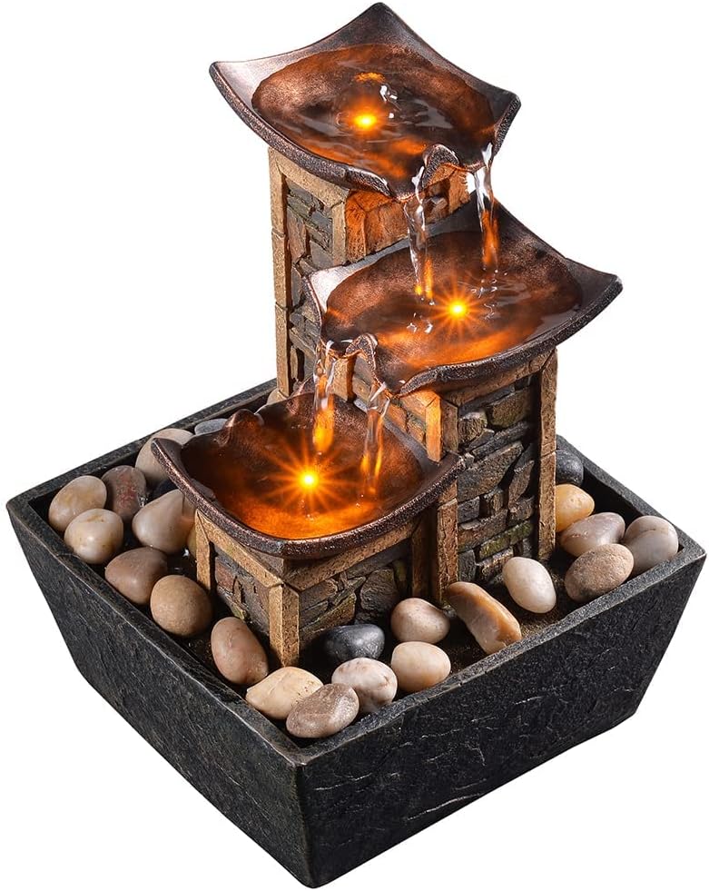 Evisso 3-stufiger Entspannungs Tischbrunnen, Simulation, Steinsäule, Wasserbrunnen, beruhigender Klang, Meditationsbrunnen mit Steinen und reflektierender Beleuchtung (21110)