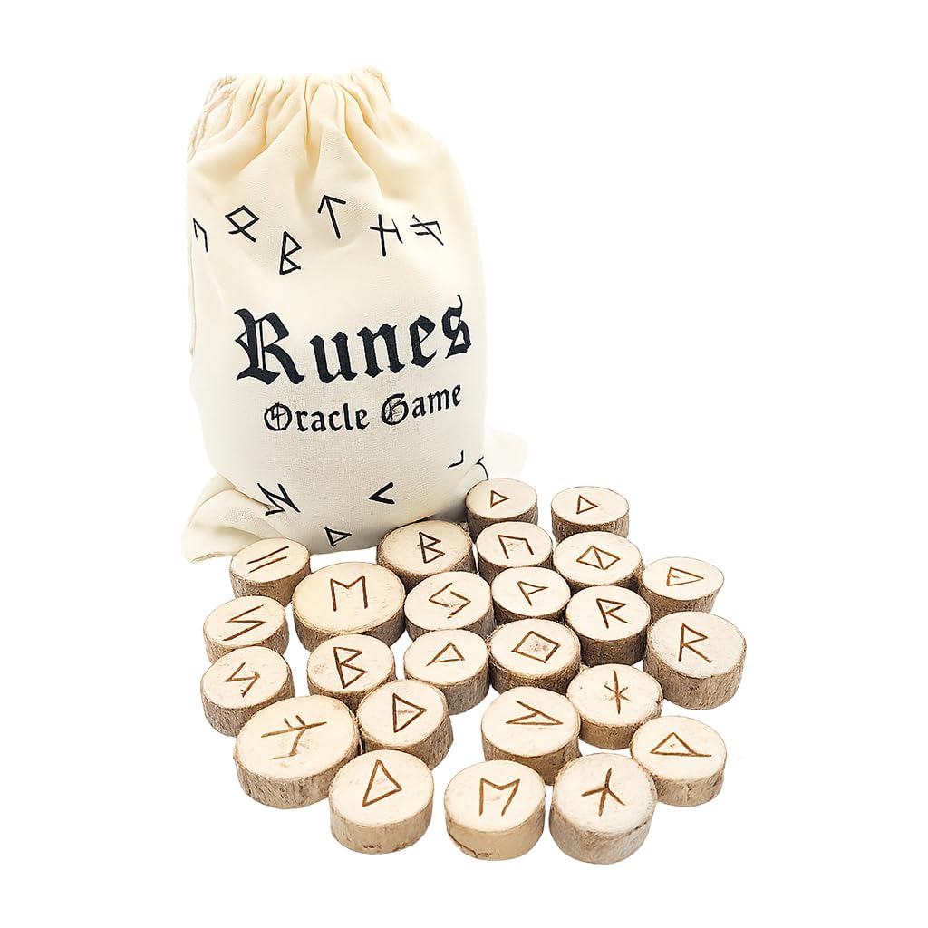 PURAJA Runensteine Set: Holz | Mit Elder Futhark Alphabet | 25 Holz Runensteine im Baumwollsäckchen | Magisches Runen Set