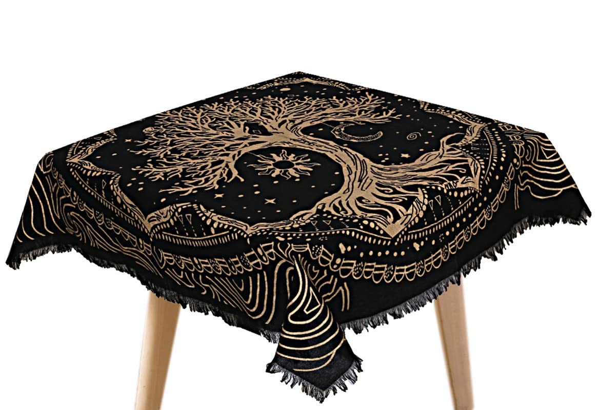 THE ART BOX Altar Cloth Tarot Cards Napkins Witchcraft Accessories Black Gold Tablecloth Square Spiritual Heavenly Cloth with Fringes, Tree of Life, 18 x 18 Inches