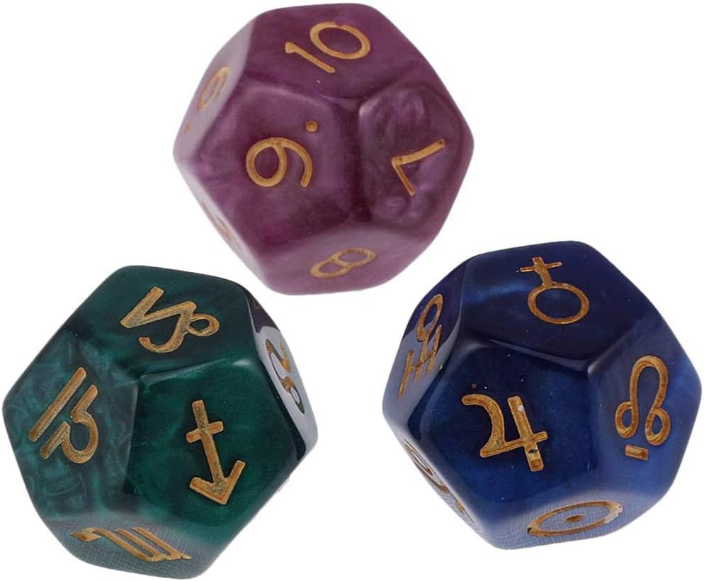 POFET 2 Set 6 Pieces Multicolor 12-Sided Resin Dice Astrology Tarot Constellation Divination Model A