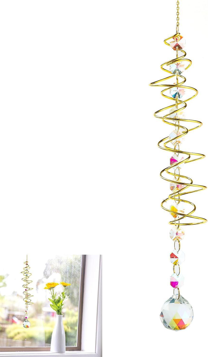 Sonnenfänger Windspiel mit Blick auf Kugel Spiralschwanz Kristall Regenbogen Sonnenfänger Windspiel mit Sieben Chakra Perlen für Fenster Haus Garten Party Hochzeit Dekoration