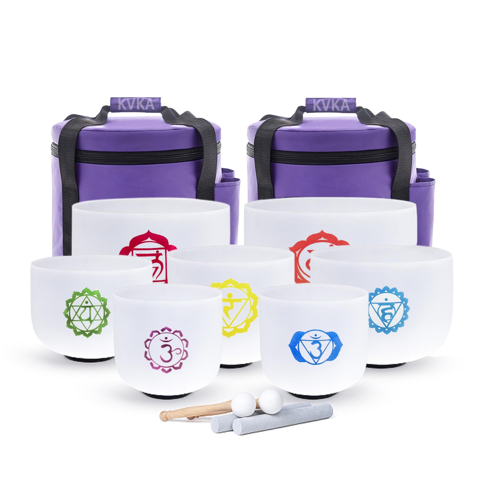 KVKA Kristall-Klangschalen Set, 6-12 inch 432Hz Weiß Frosted Quarz Chakra Sound Healing Klangschalen für Meditation Yoga Entspannung Stressabbau mit Tragetasche