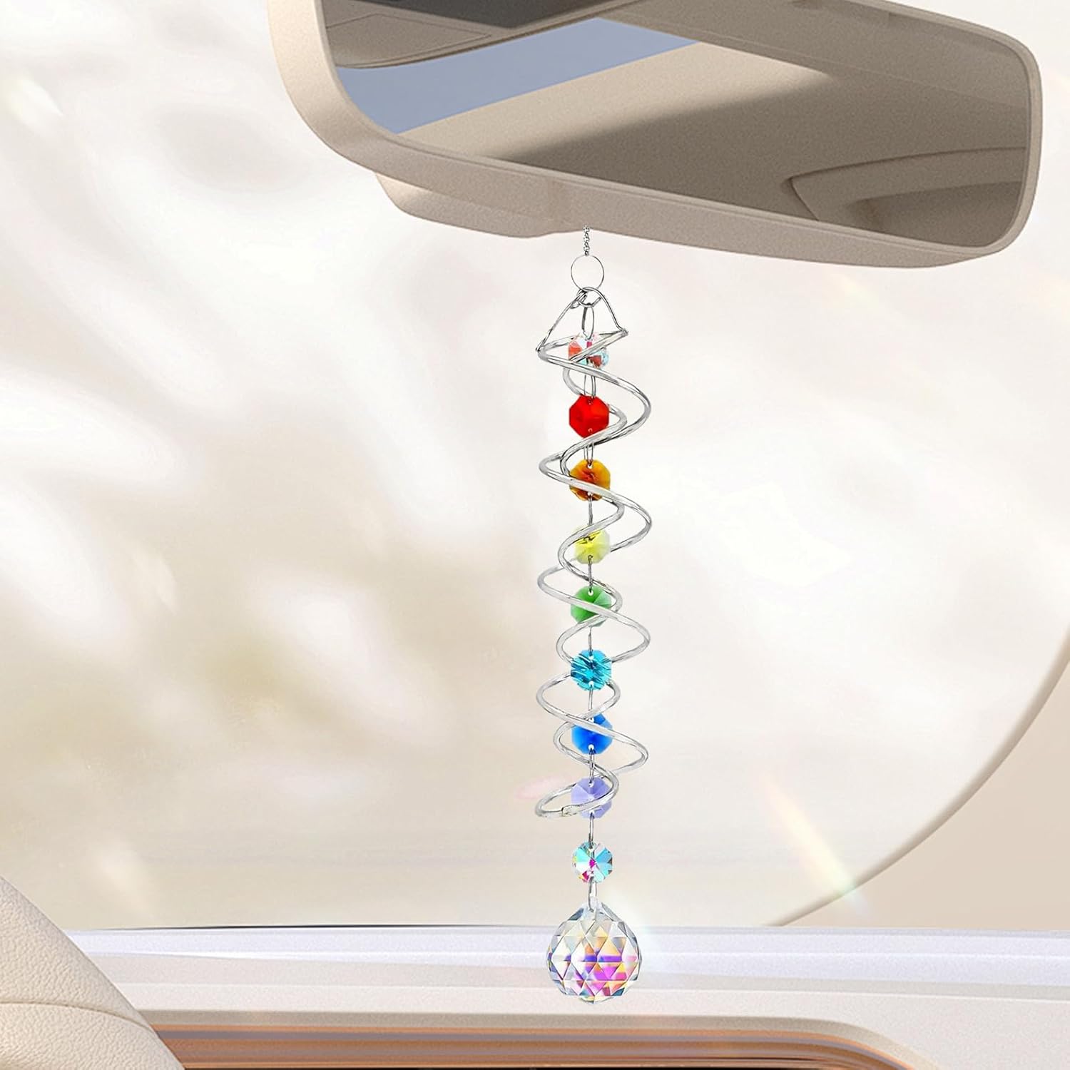 45cm Kristall Sonnenfänger Windspiel - Bunter Regenbogen Sonnenfänger mit Doppelspirale & Chakra Perlen - Dekorativer Hängender Suncatcher für Fenster,Garten,Balkon,Hochzeit - Innen & Außen Deko (A)