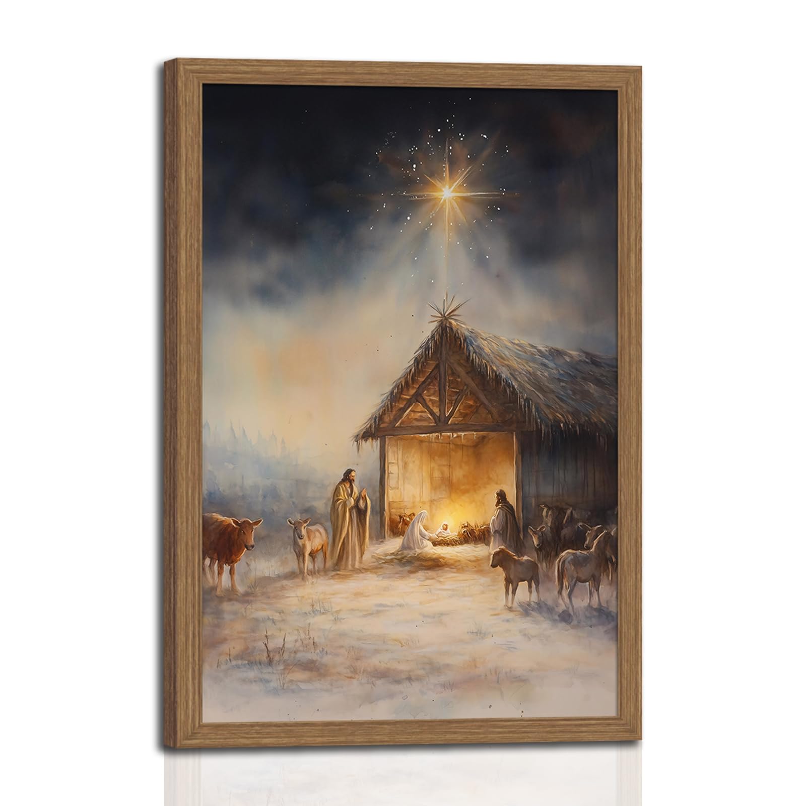 Framed Virgin Mary Wall Art Religious Christian Canvas Painting Blue Mother Surrounded by Clouds Spiritual Poster Print Picture for Living Room Prayer Room or Church 12x16in