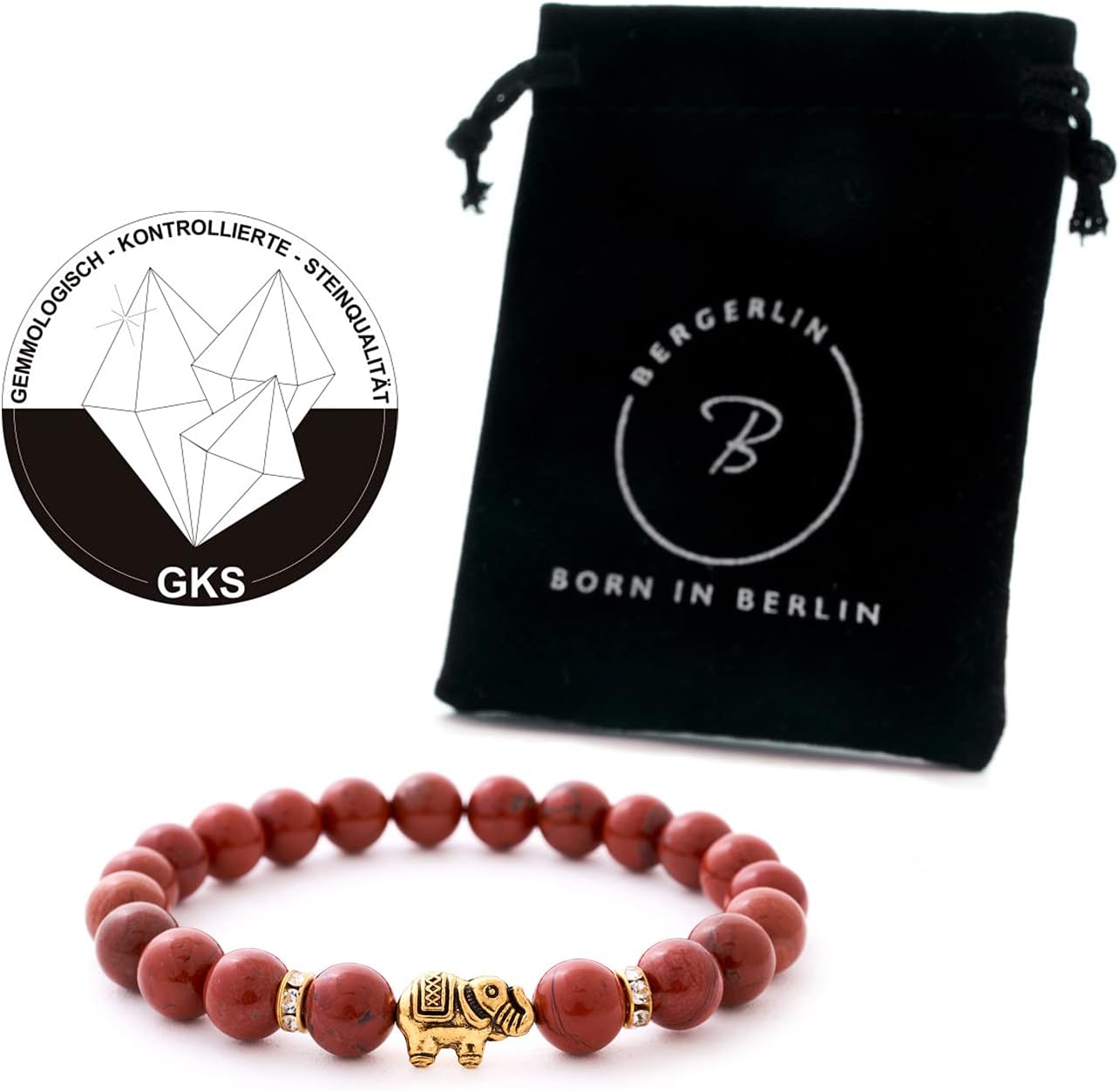 Elefant Armband - Naturstein geprüft in Deutschland, mit echten Naturstein Perlen und Kristall Highlights - Naturstein Armband mit Echtheitszertifikat für Damen und Herren