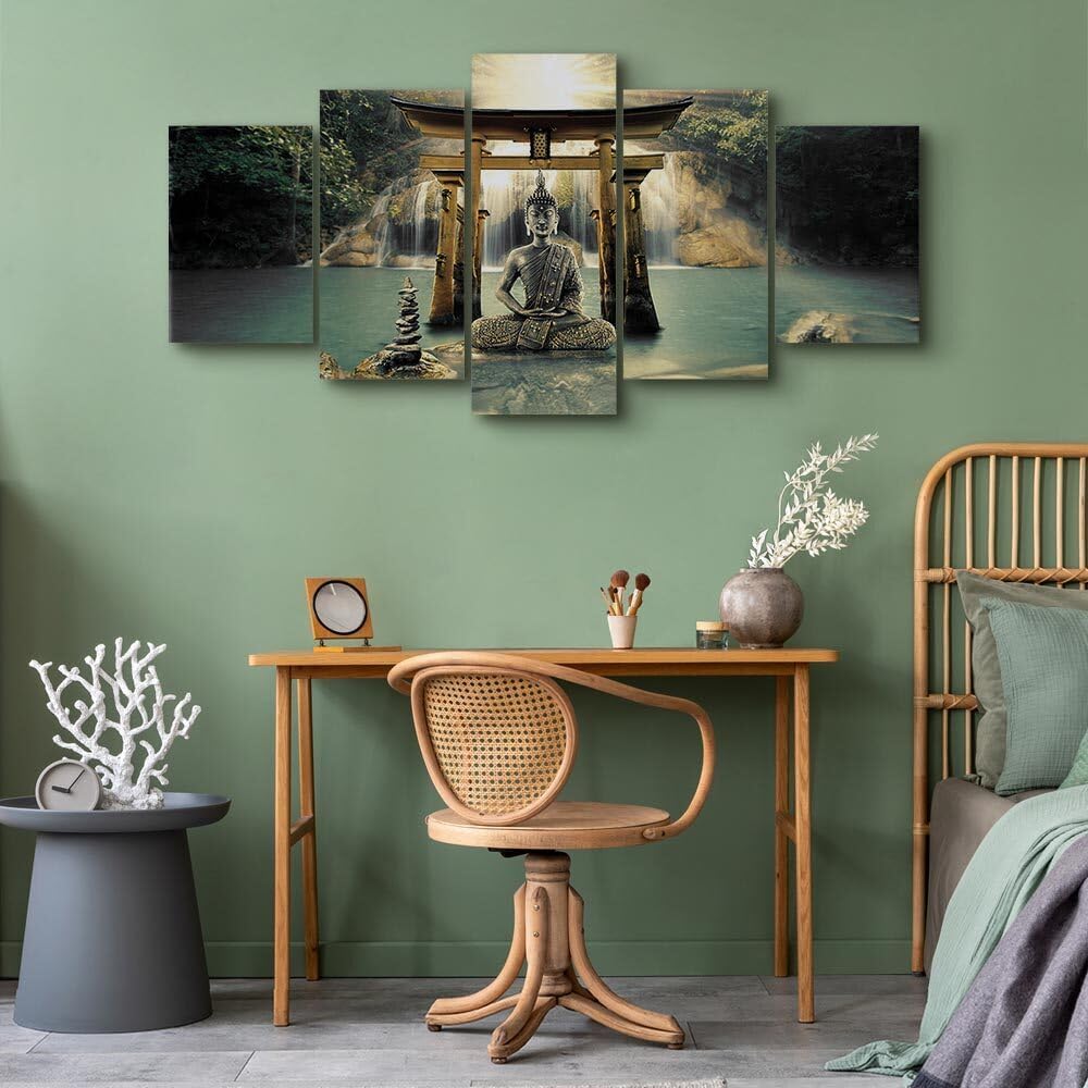 decomonkey Bilder Buddha 200x100 cm 5 Teilig Wandbild Groß Leinwandbild XXL Deko Wohnzimmer Schlafzimmer Wanddeko Pictures For Wall Poster Wall Painting Zen Orient