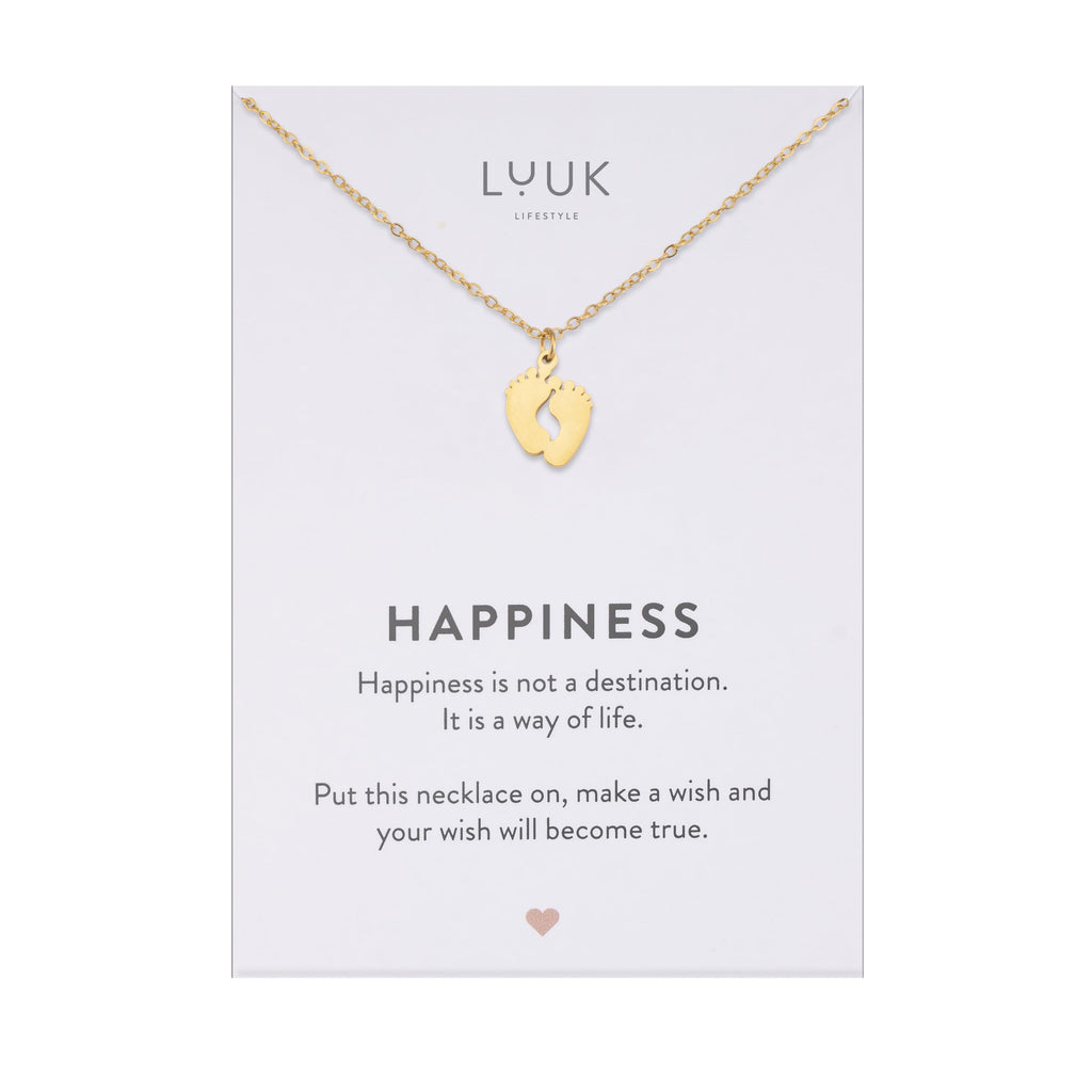 LUUK LIFESTYLE Filigrane Halsketten mit Anhänger und Karte mit HAPPINESS Spruch, zeitloses Design und moderne Motive, in Silber, Gold und Rosegold